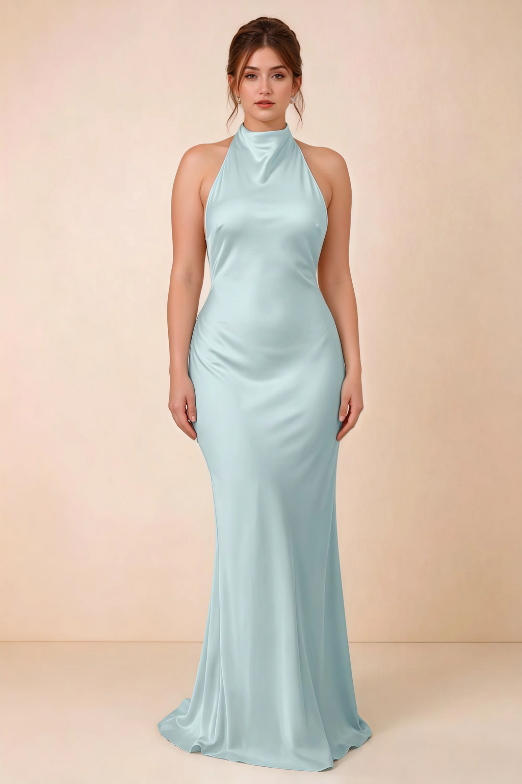 Front full-length view of Astrid mist satin halter maxi dress, highlighting the maxi hem.