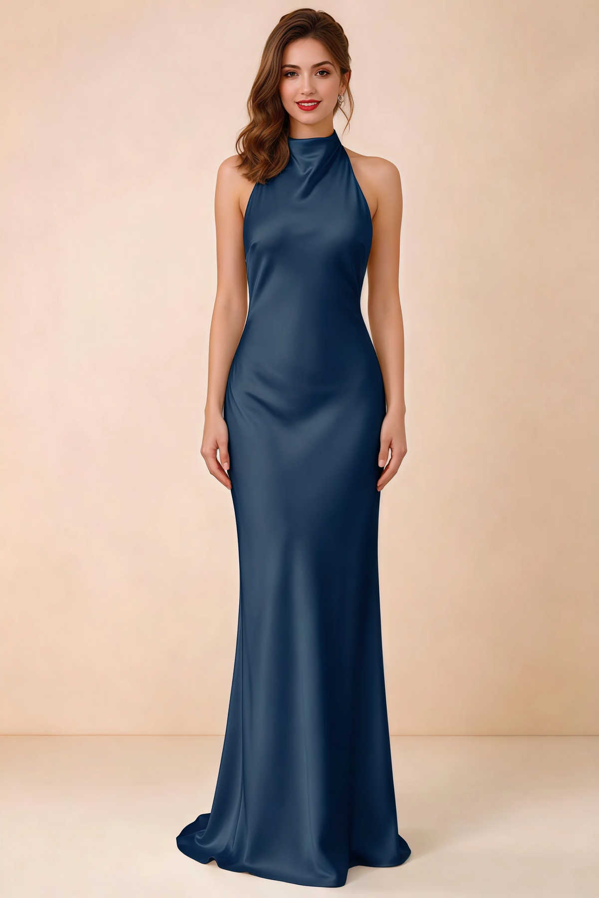 Front view of Astrid navy satin halter maxi dress, showing the neckline and skirt.