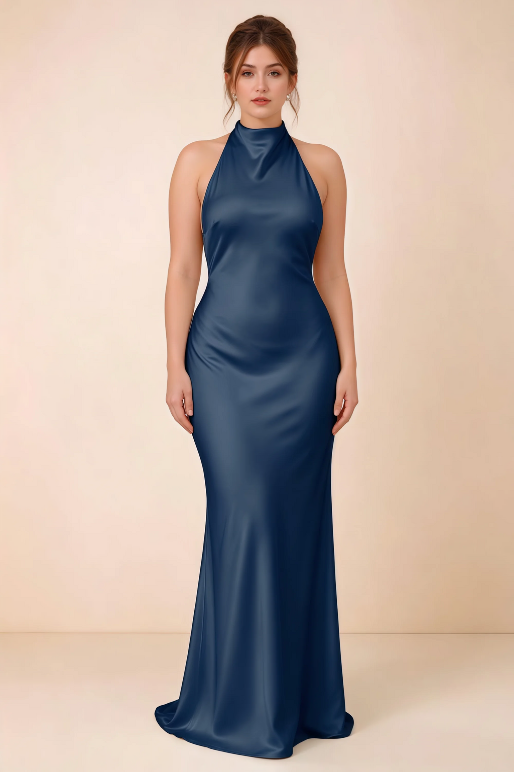 Front full-length view of Astrid navy satin halter maxi dress, highlighting the maxi hem.