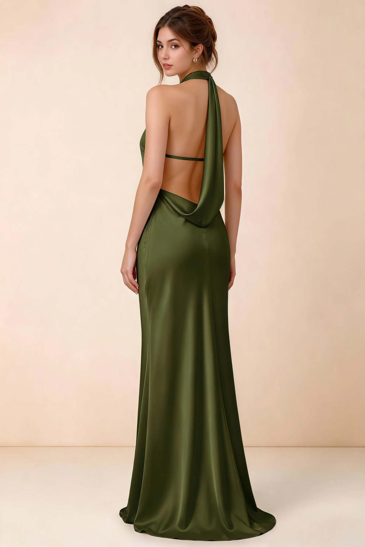 Back view of Astrid olive satin halter maxi dress, highlighting the draped open back.