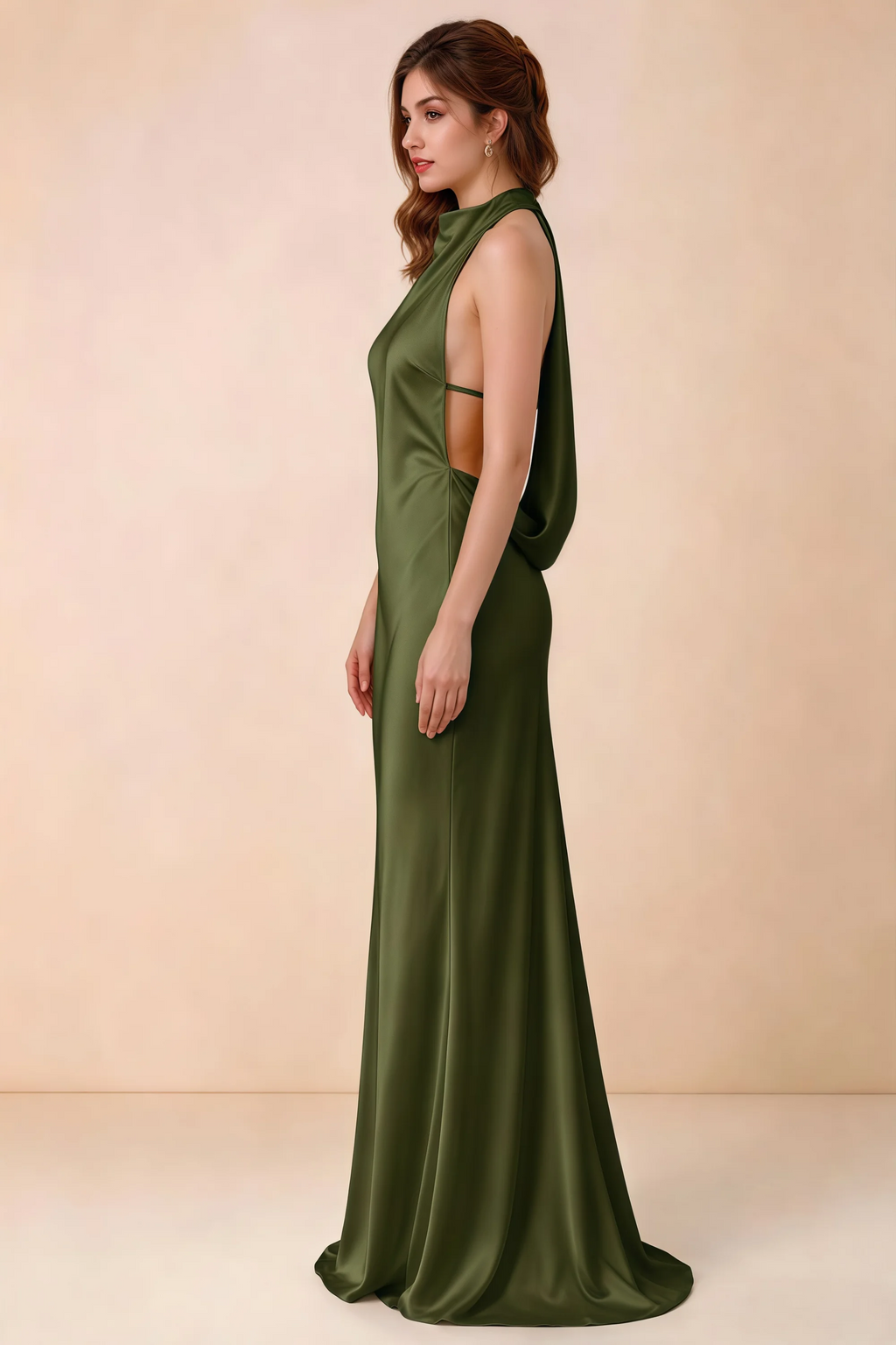 Side view of Astrid olive satin halter maxi dress, showing the side silhouette.