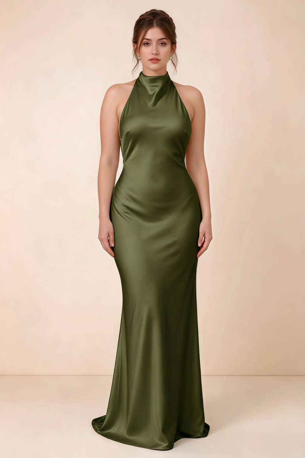 Front full-length view of Astrid olive satin halter maxi dress, highlighting the maxi hem.
