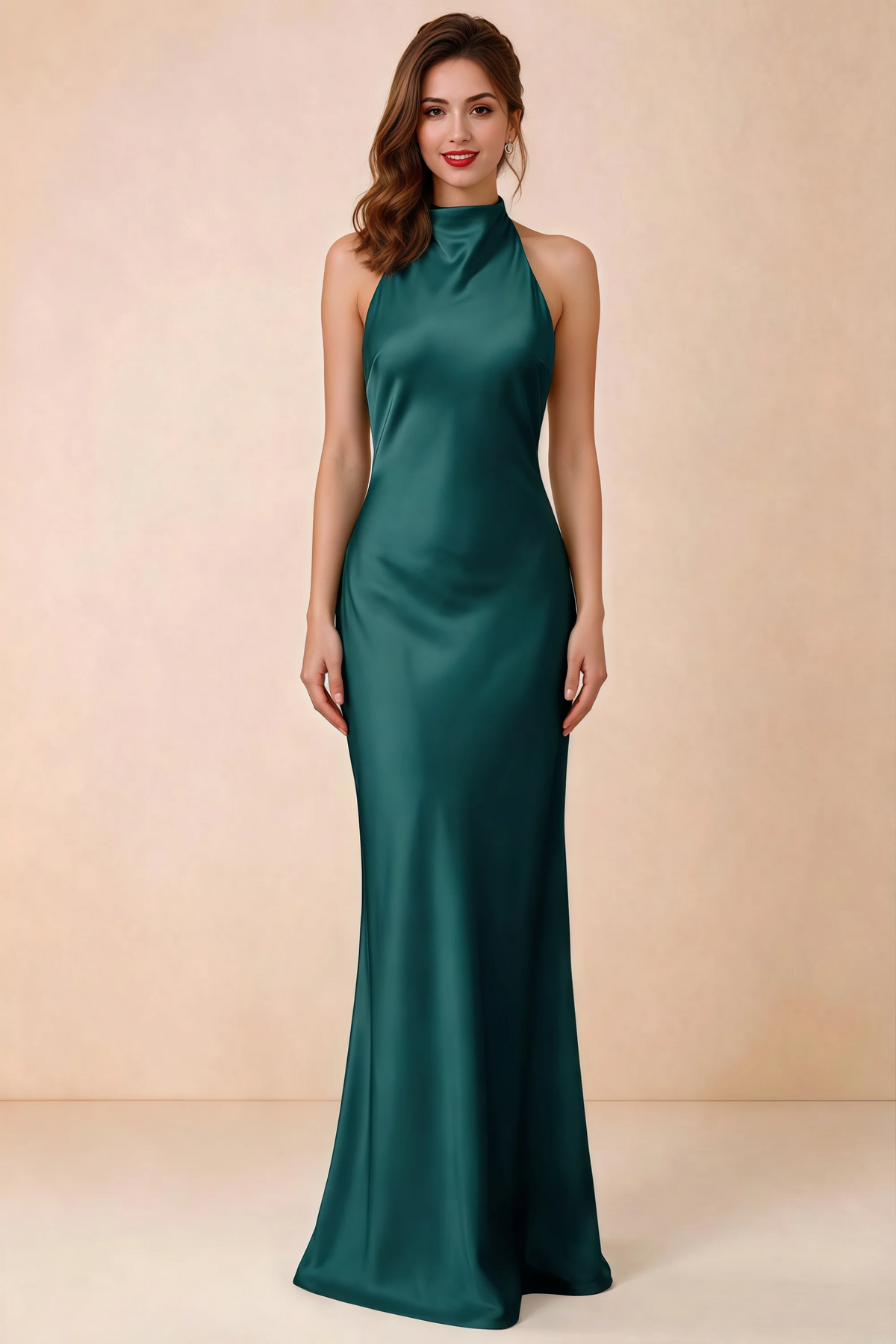 Front view of Astrid peacock satin halter maxi dress, showing the halter neckline.