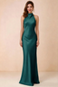 Front view of Astrid peacock satin halter maxi dress, showing the halter neckline.