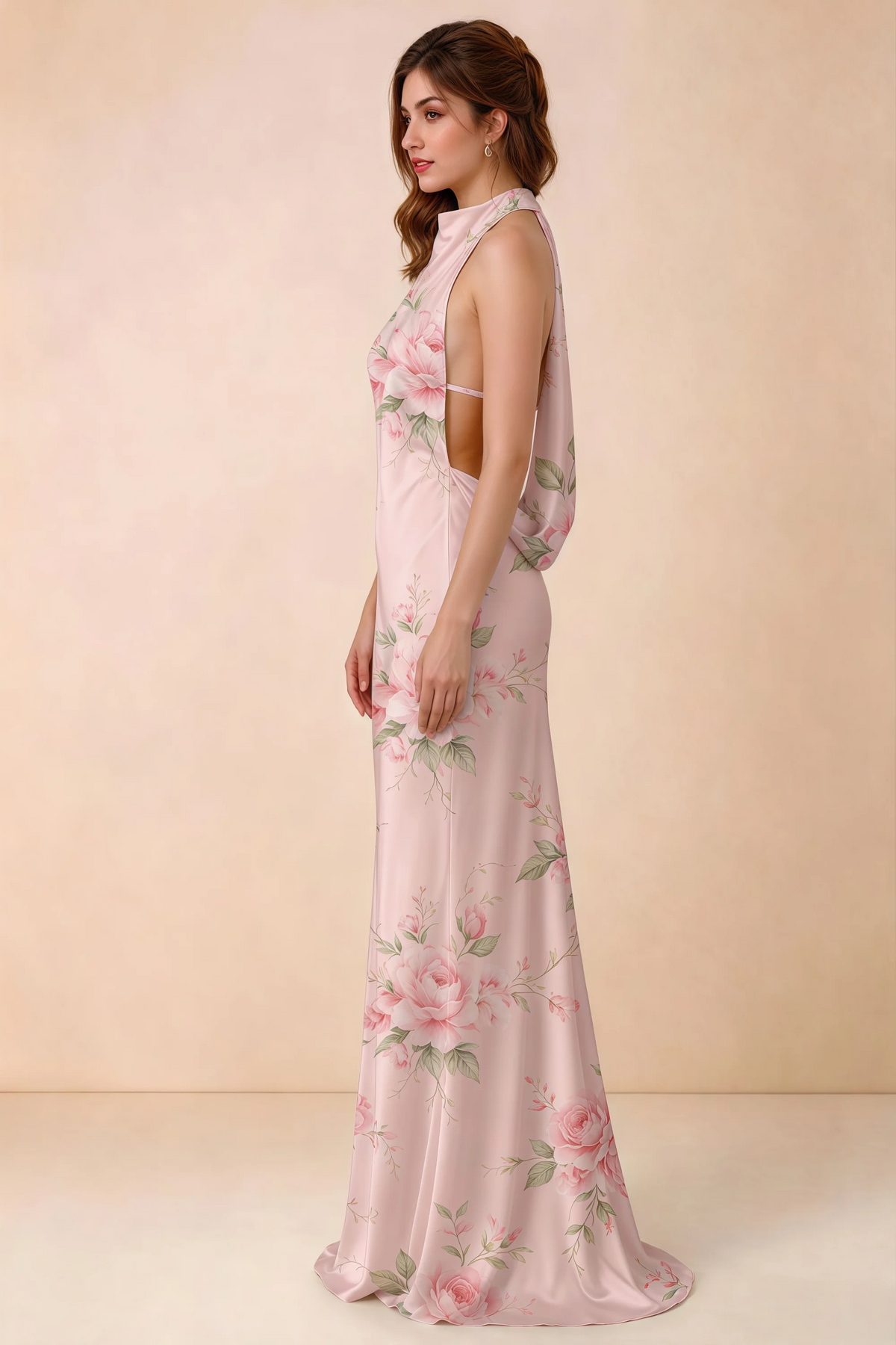 Side view of Astrid pink floral halter maxi dress, showing the side profile.
