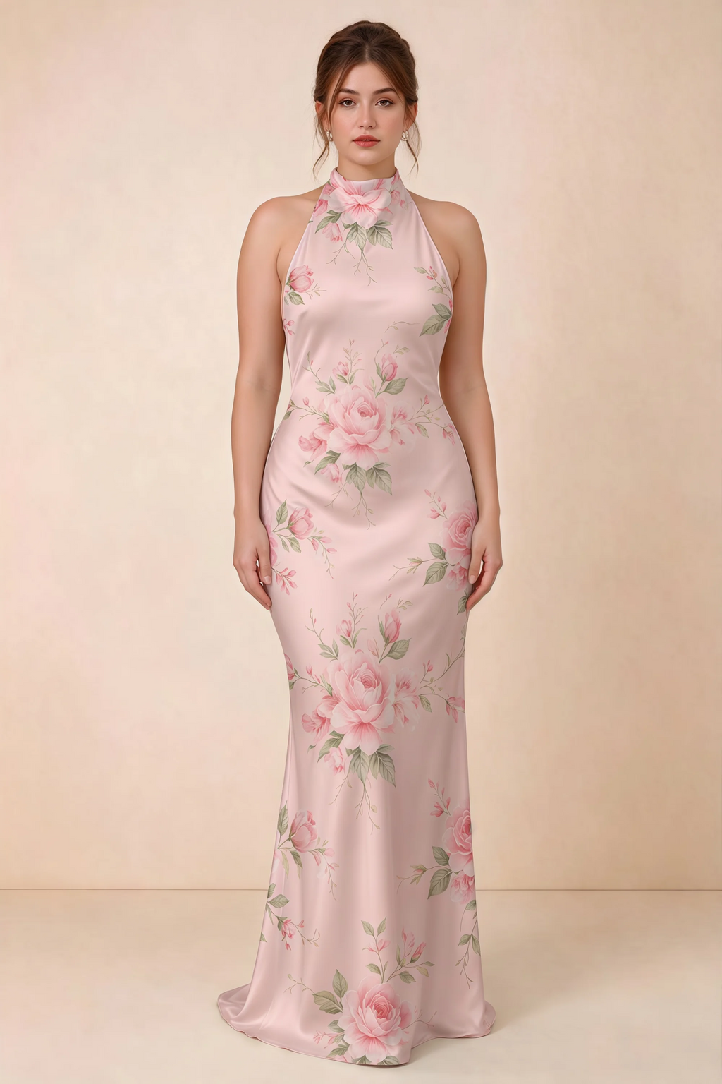 Full-length front view of Astrid pink floral halter maxi dress, showing the flowing skirt.