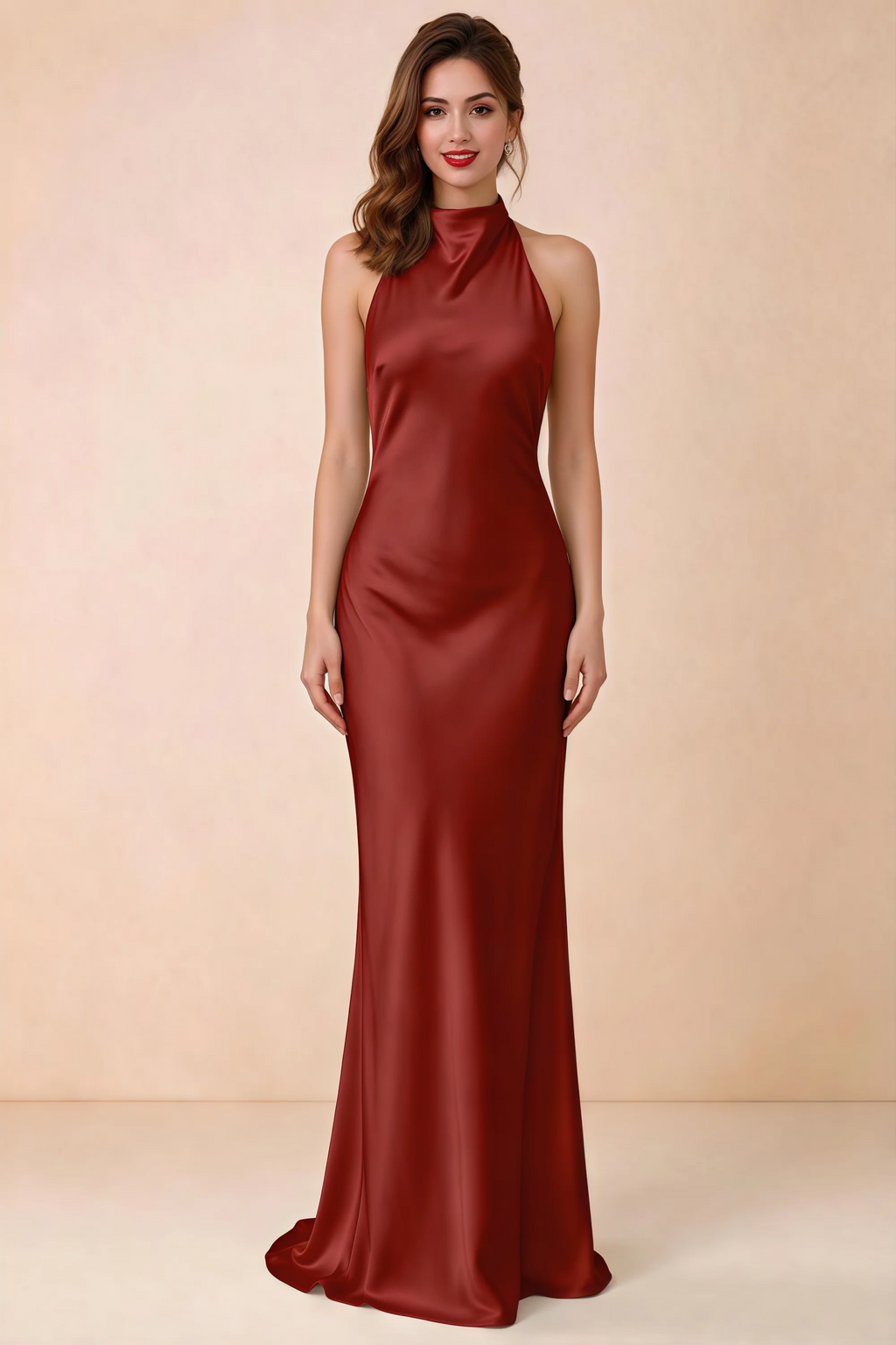 Front view of Astrid pomegranate satin halter maxi dress, showing the neckline and skirt.