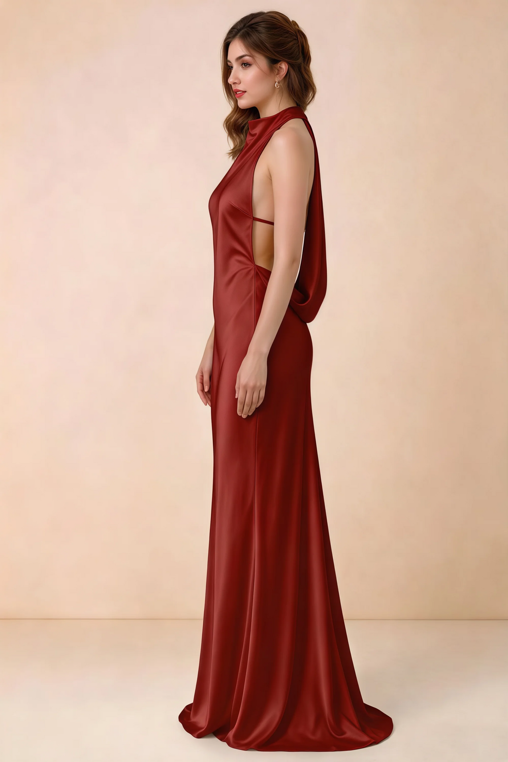 Side view of Astrid pomegranate satin halter maxi dress, showing the side silhouette.