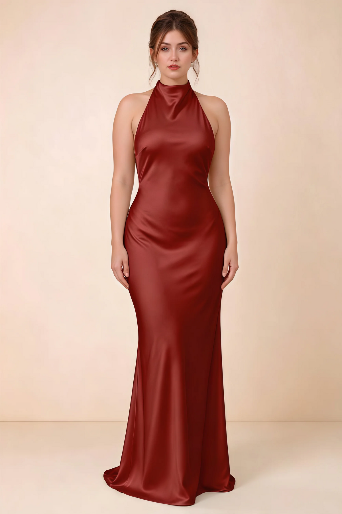 Front full-length view of Astrid pomegranate satin halter maxi dress, highlighting the maxi hem.