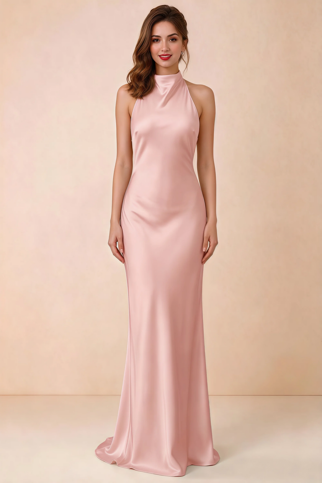Front view of Astrid powder pink satin halter maxi dress, showing the neckline and skirt.