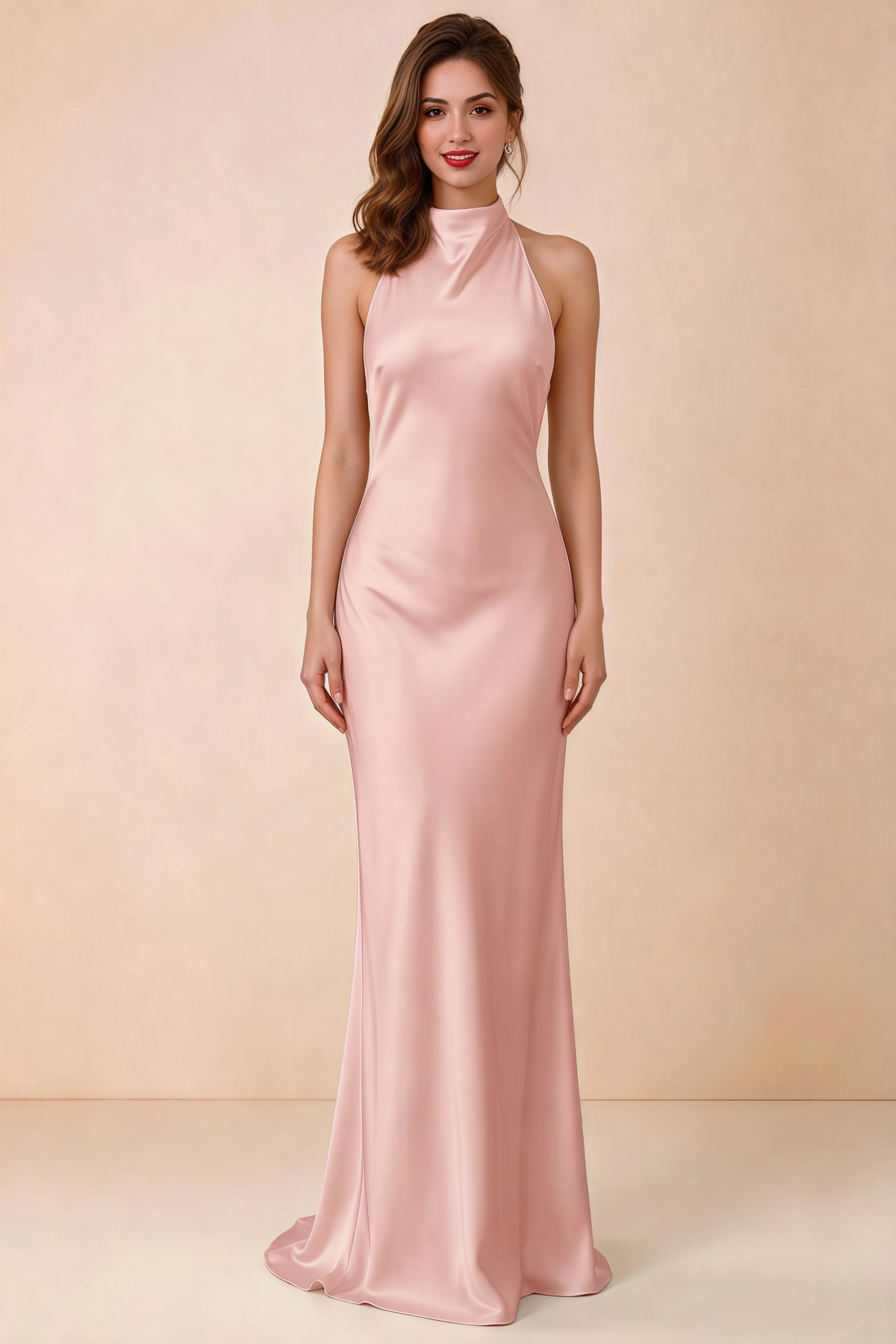 Front view of Astrid powder pink satin halter maxi dress, showing the neckline and skirt.