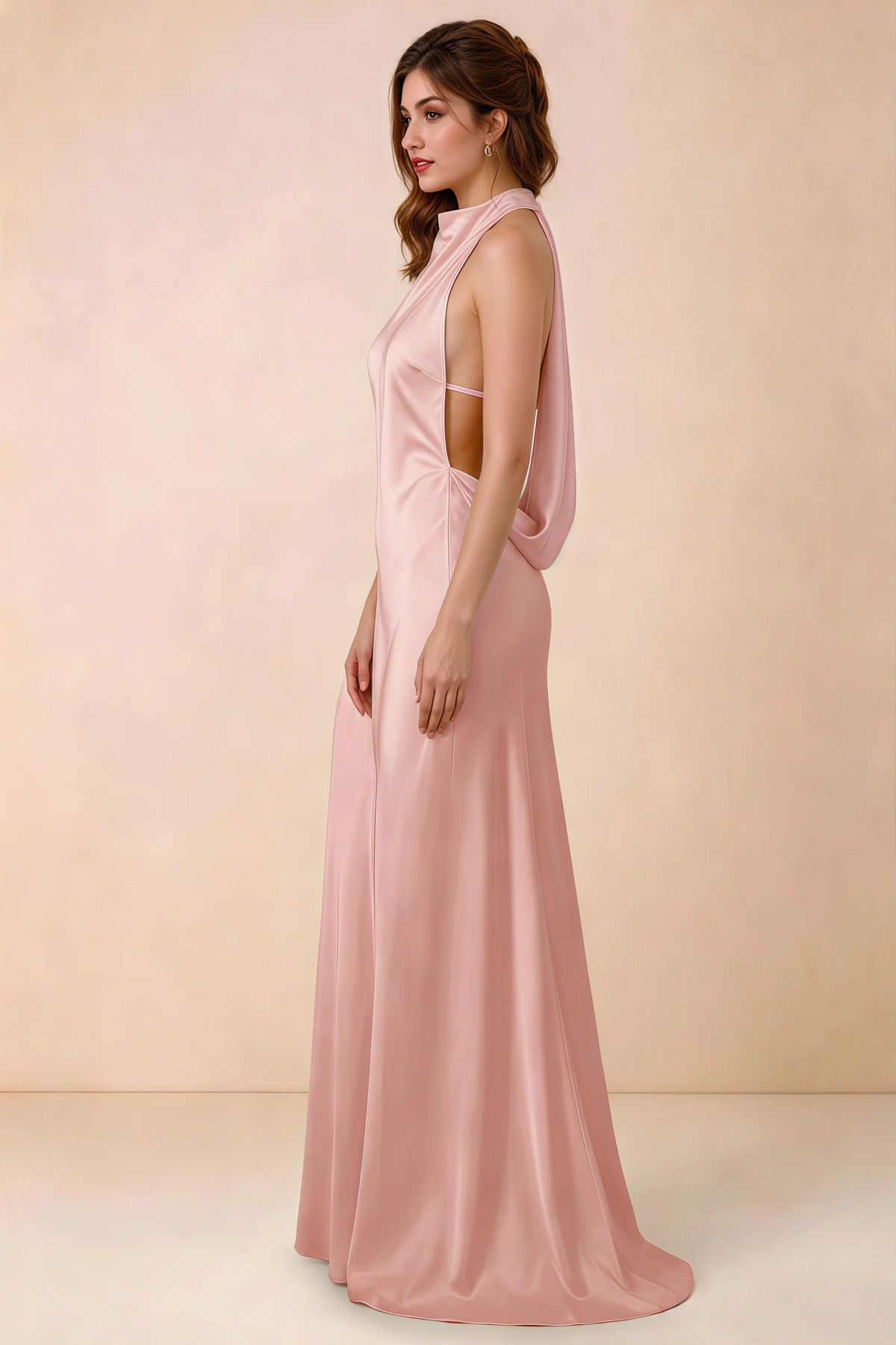 Side view of Astrid powder pink satin halter maxi dress, showing the side silhouette.