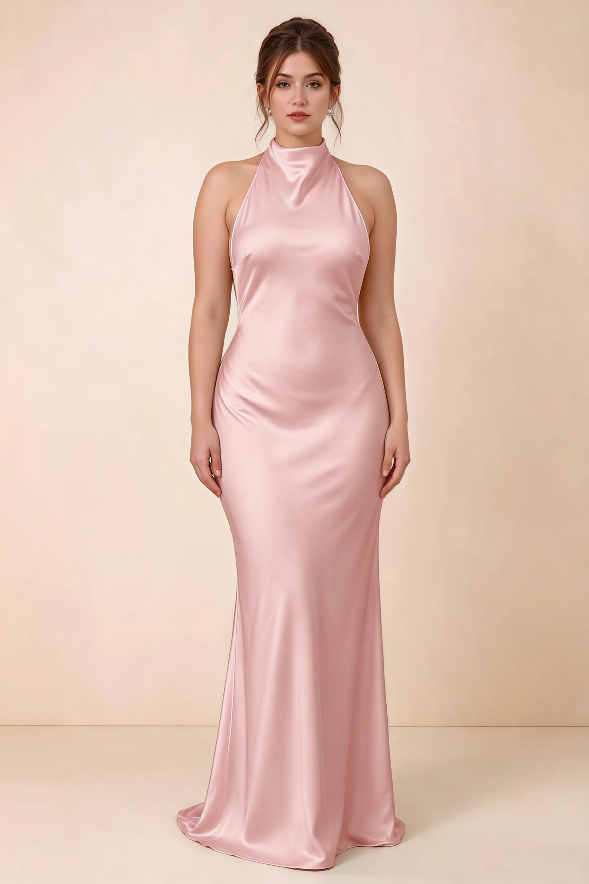 Front full-length view of Astrid powder pink satin halter maxi dress, highlighting the maxi hem.