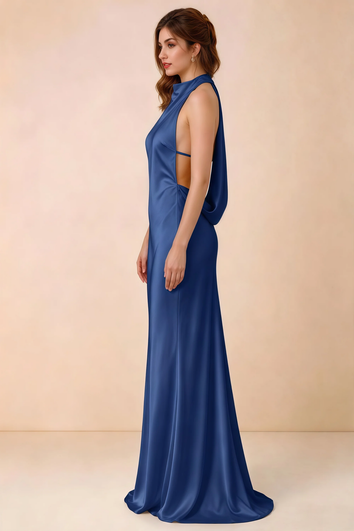 Side view of Astrid royal blue satin halter maxi dress, showing the side silhouette.