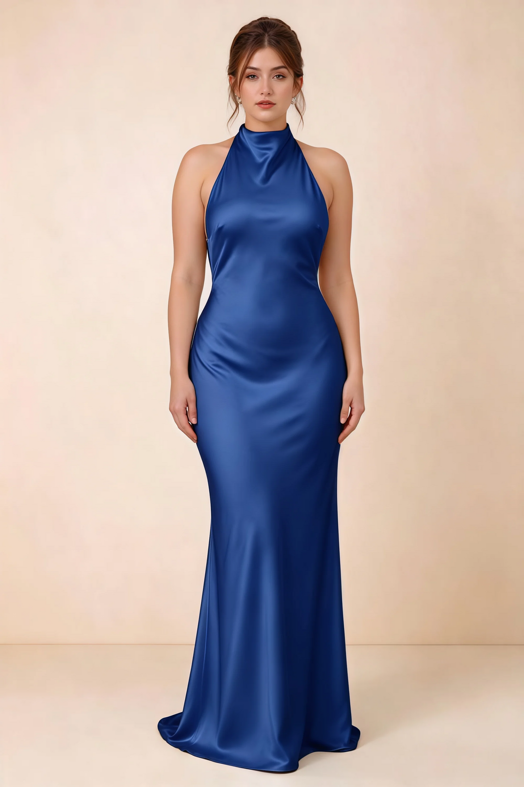 Front full-length view of Astrid royal blue satin halter maxi dress, highlighting the maxi hem.