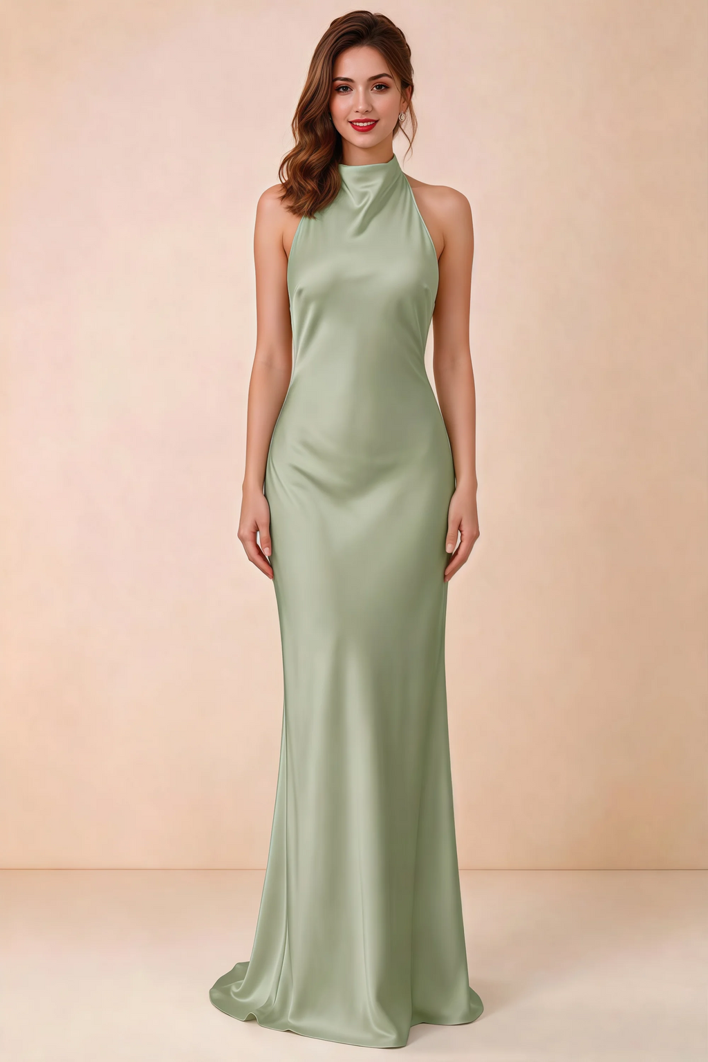 Front view of Astrid sage green satin halter maxi dress, showing the neckline and skirt.