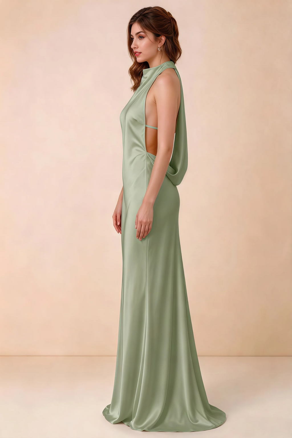Side view of Astrid sage green satin halter maxi dress, showing the side silhouette.