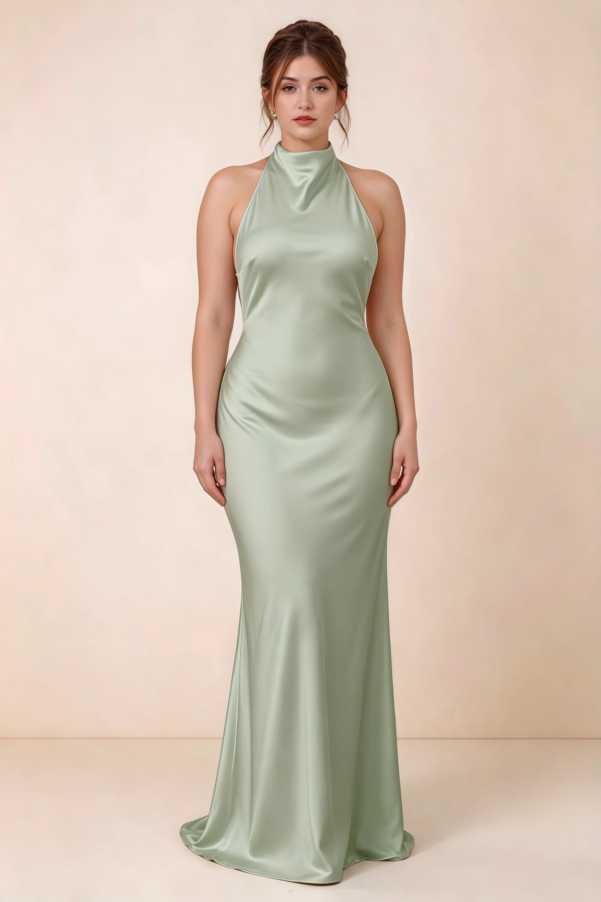 Front full-length view of Astrid sage green satin halter maxi dress, highlighting the maxi hem.