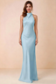 Front view of Astrid sky blue satin halter maxi dress, showing the neckline and skirt.