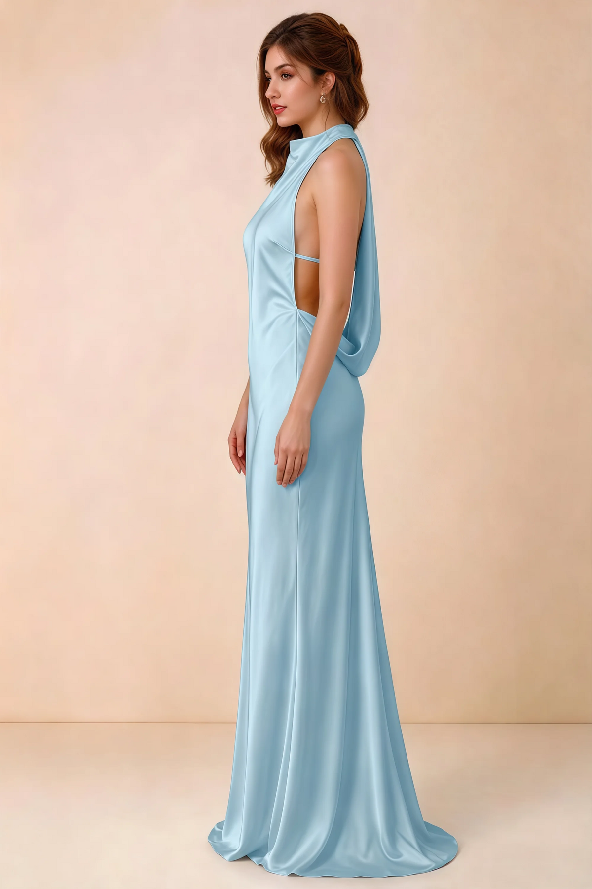 Side view of Astrid sky blue satin halter maxi dress, showing the side silhouette.