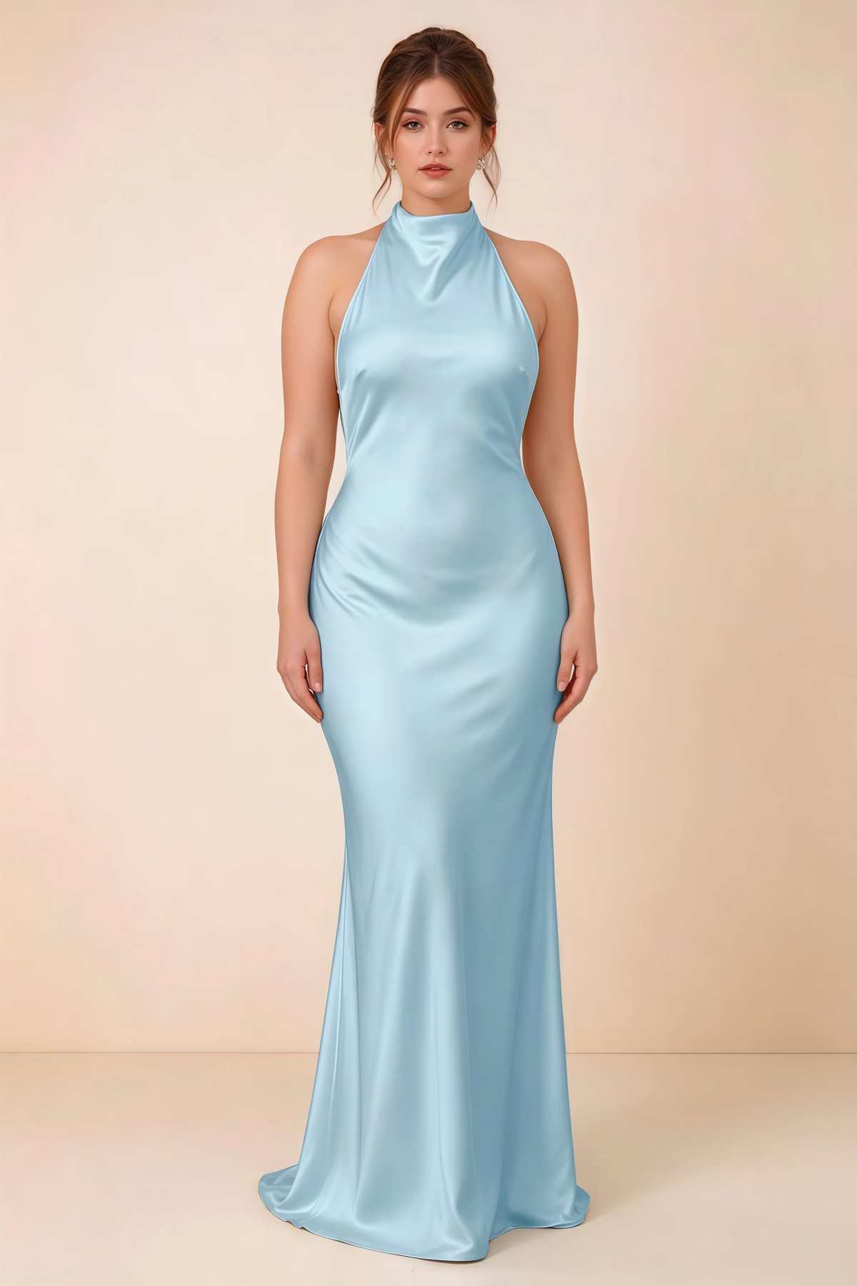 Front full-length view of Astrid sky blue satin halter maxi dress, highlighting the maxi hem.