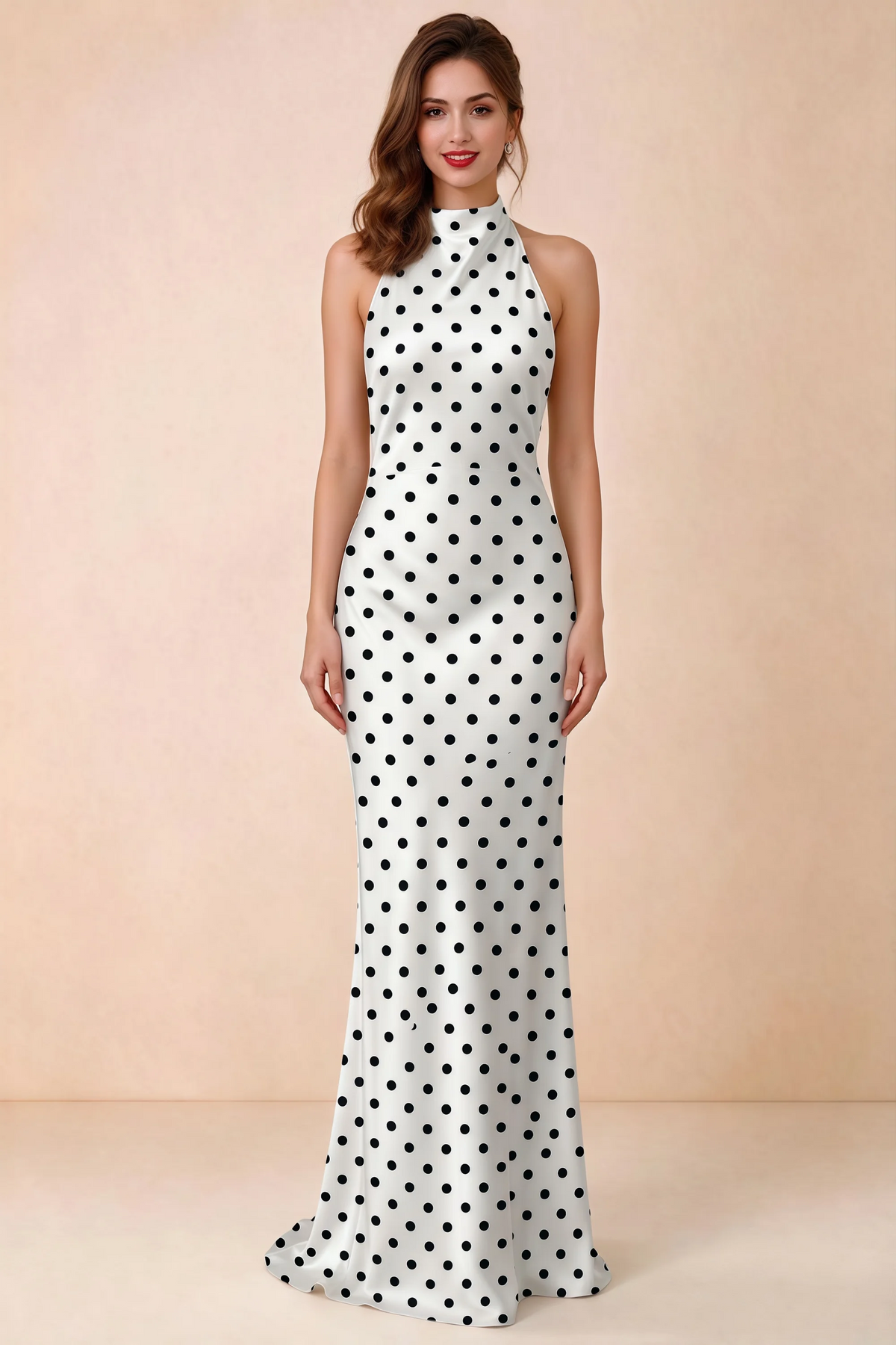 Front view of Astrid white polka dot halter maxi dress, showing the halter neckline.