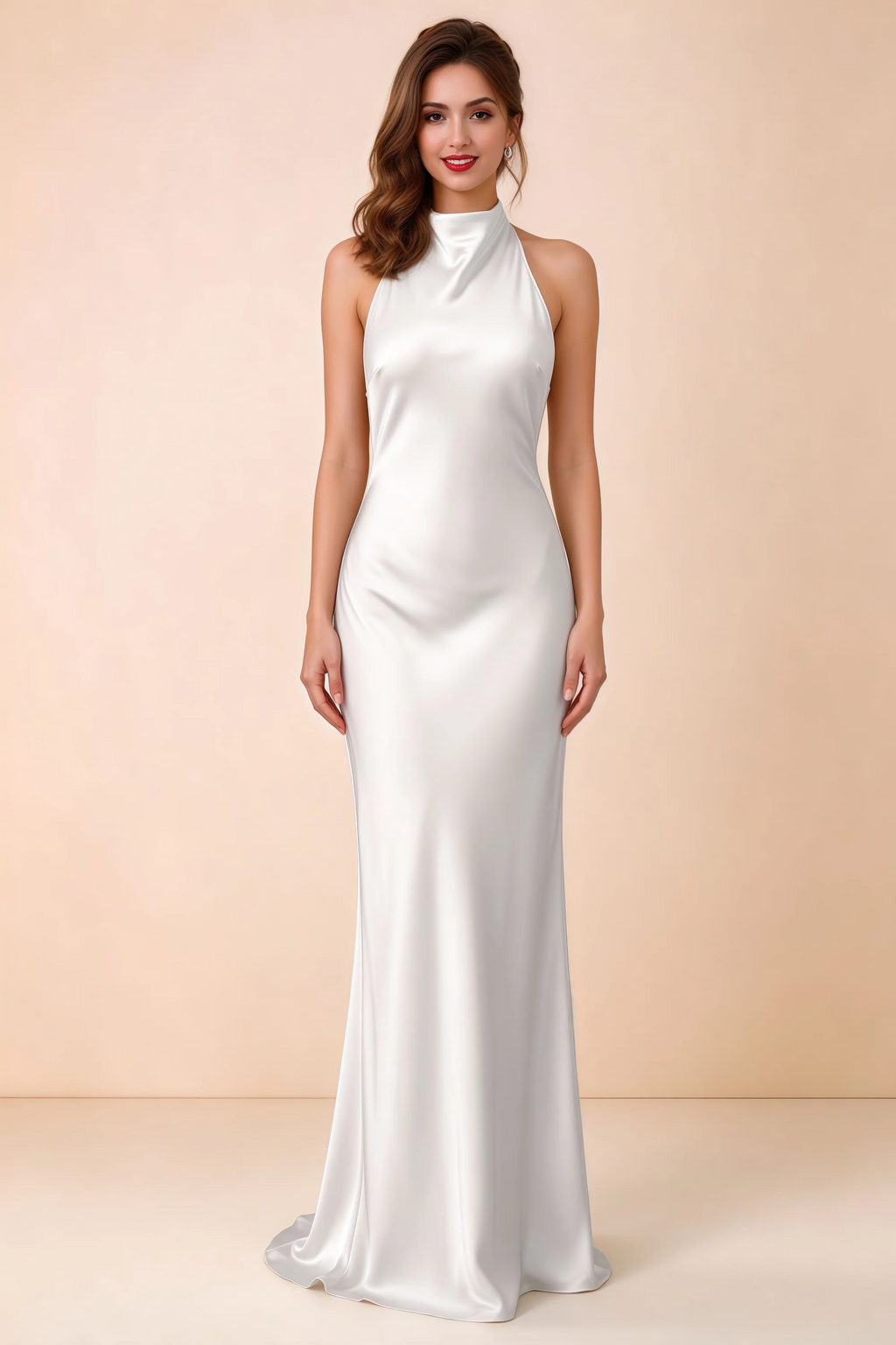 Front view of Astrid white satin halter maxi dress, showing the neckline and skirt.