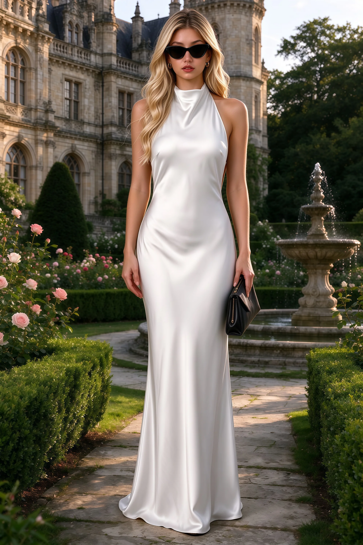 Full-length view of Astrid white satin halter maxi dress, showing the floor-length silhouette.