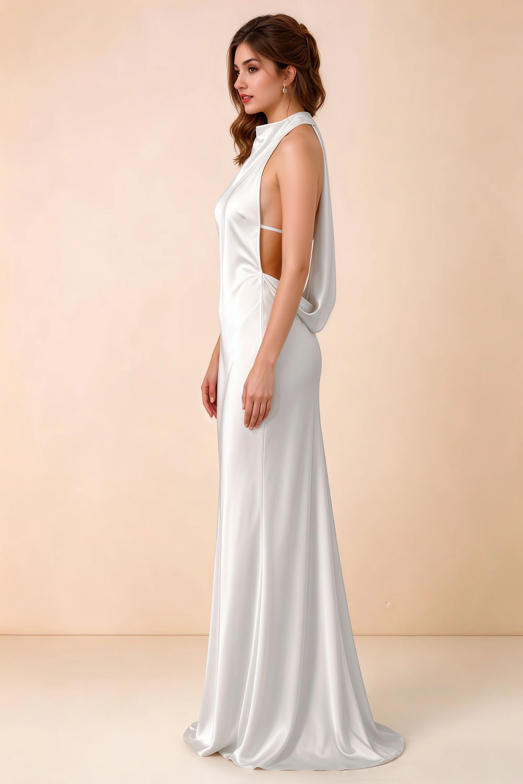 Side view of Astrid white satin halter maxi dress, showing the side silhouette.