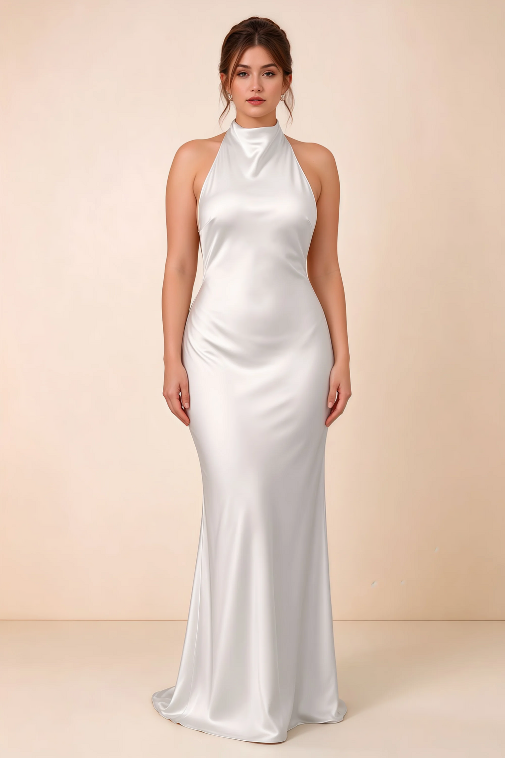 Front full-length view of Astrid white satin halter maxi dress, highlighting the maxi hem.