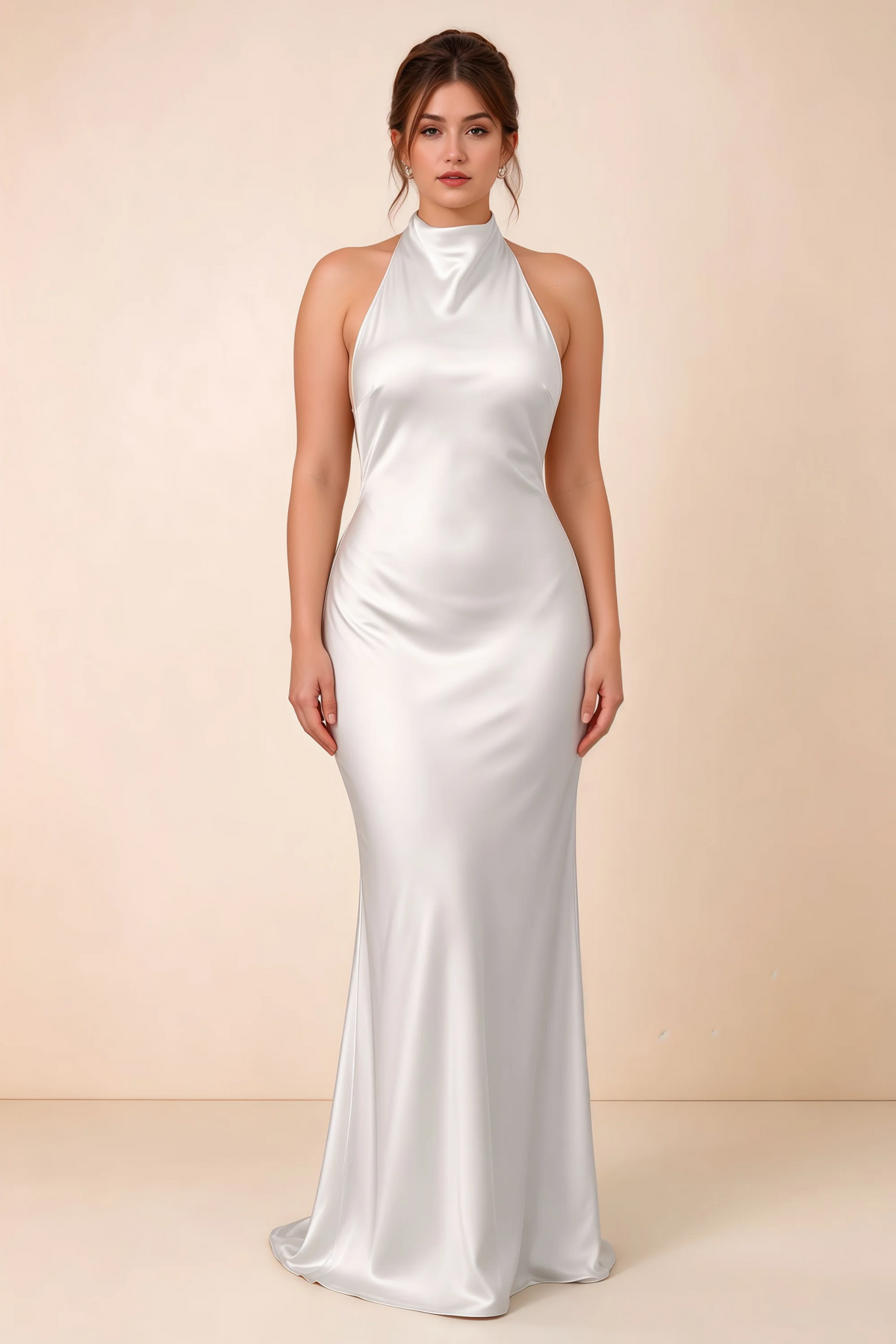 Front full-length view of Astrid white satin halter maxi dress, highlighting the maxi hem.