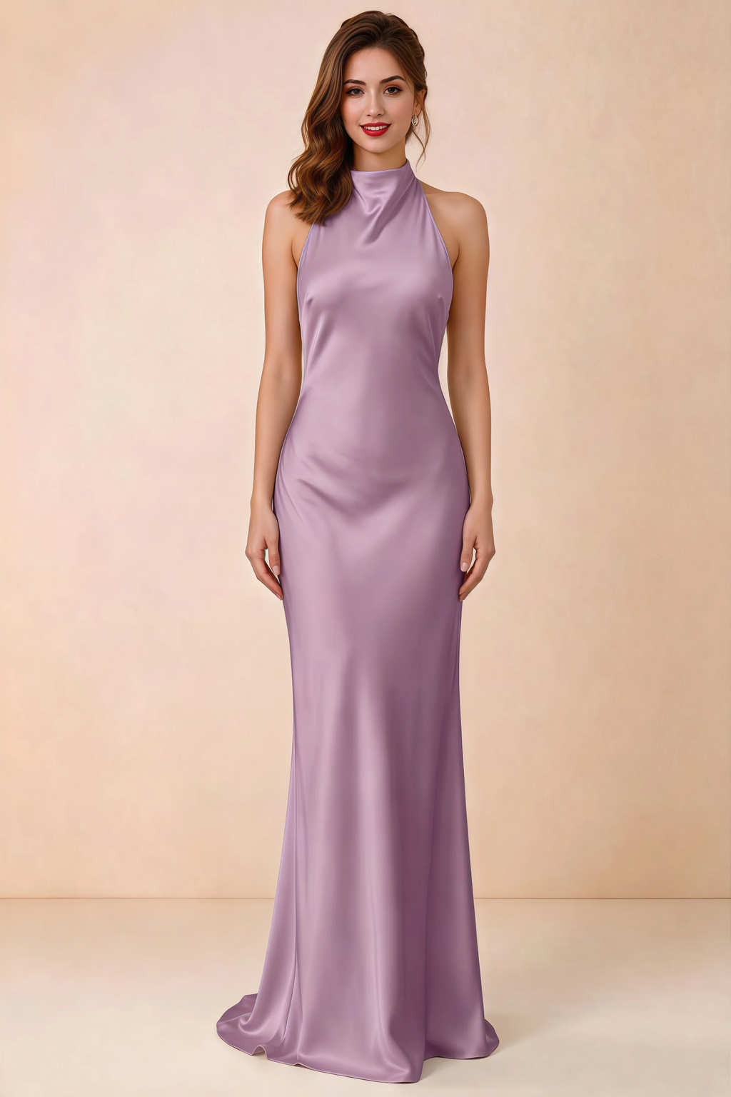Front view of Astrid wisteria satin halter maxi dress, showing the halter neckline.