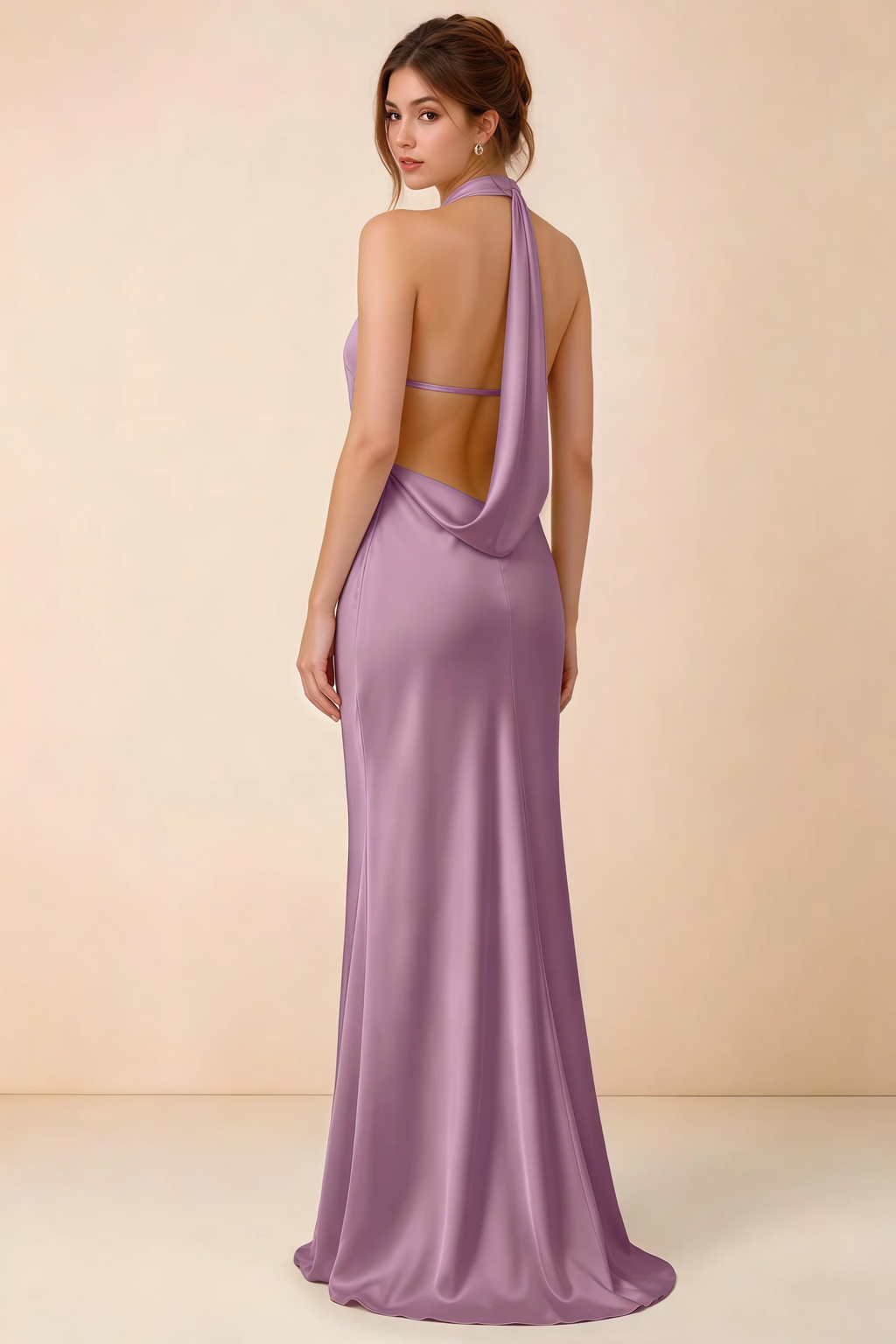 Back view of Astrid wisteria satin halter maxi dress, highlighting the open draped back.