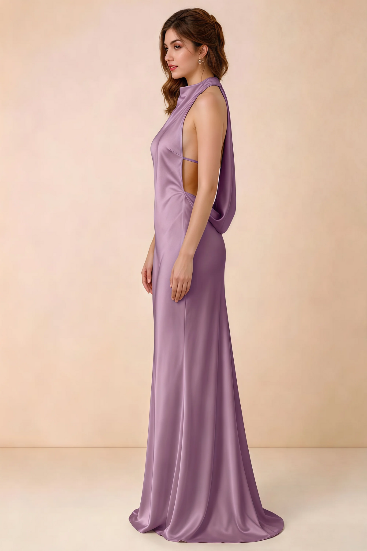 Side view of Astrid wisteria satin halter maxi dress, showing the side profile.