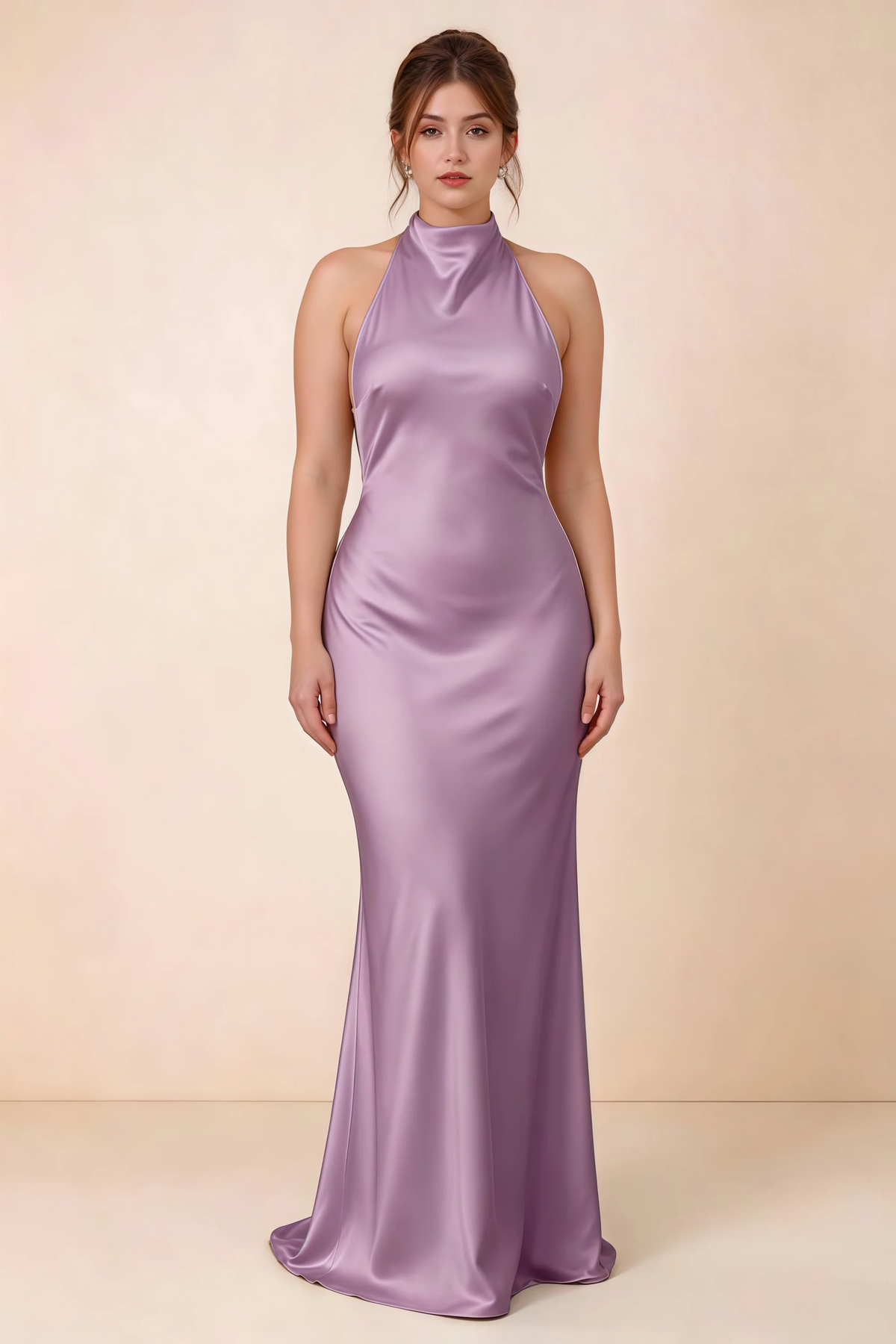 Full-length front view of Astrid wisteria satin halter maxi dress, showing the flowing skirt.