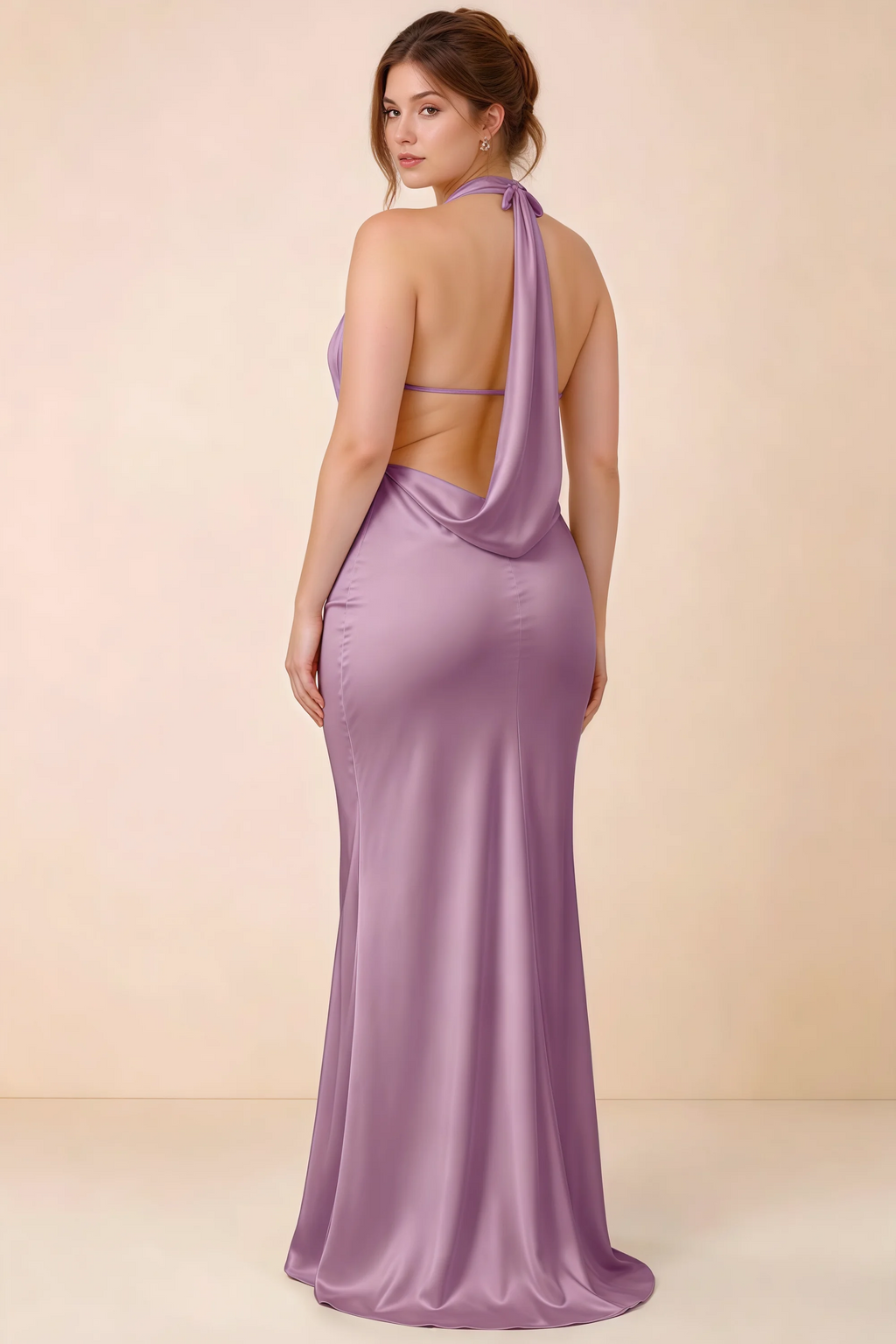 Three-quarter rear view of Astrid wisteria satin halter maxi dress, highlighting the cowl back.