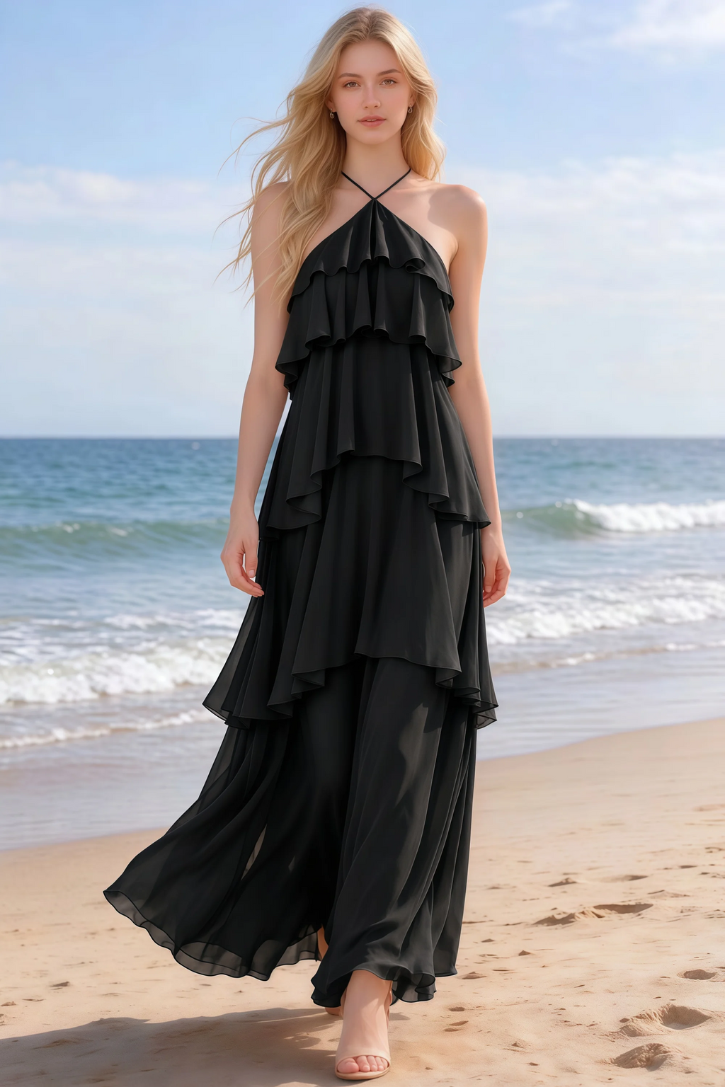 Audrey black halter chiffon maxi dress shown from the front on a beach
