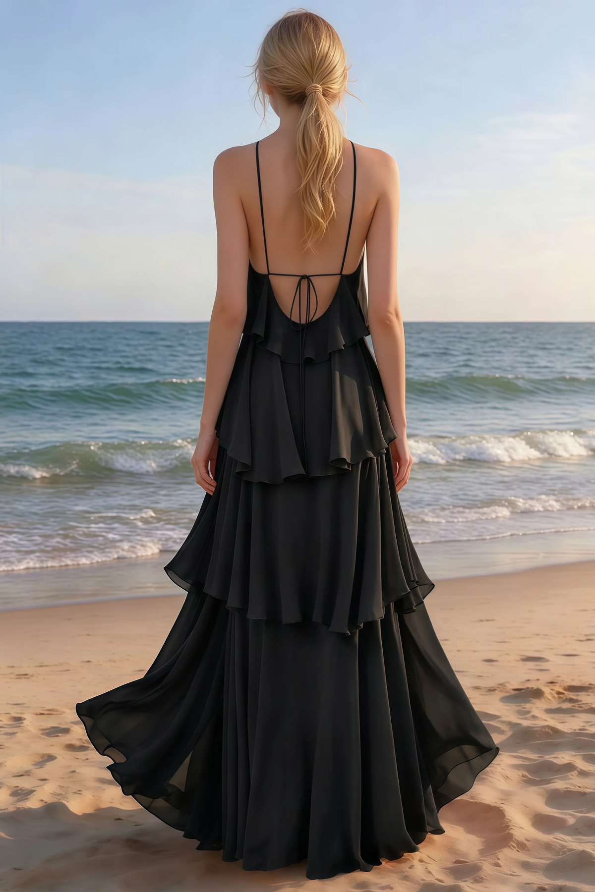 Rear beach view of Audrey black tiered maxi dress with an open back and flowing hem
