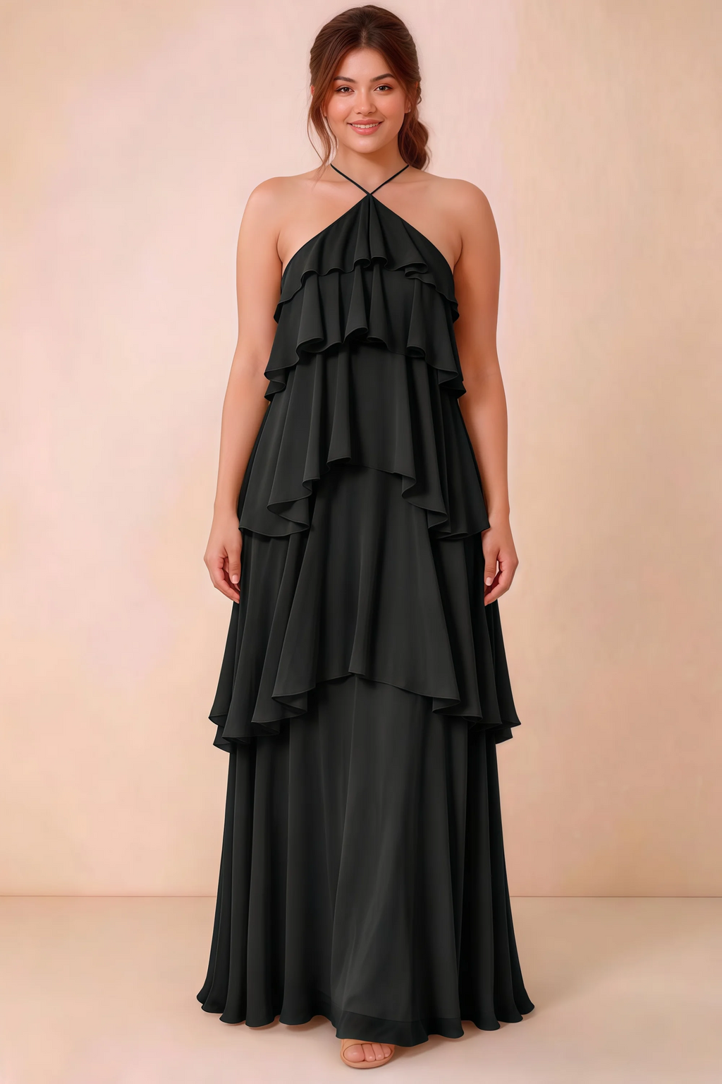Front studio view of Audrey black halter maxi dress showing the relaxed chiffon tiers