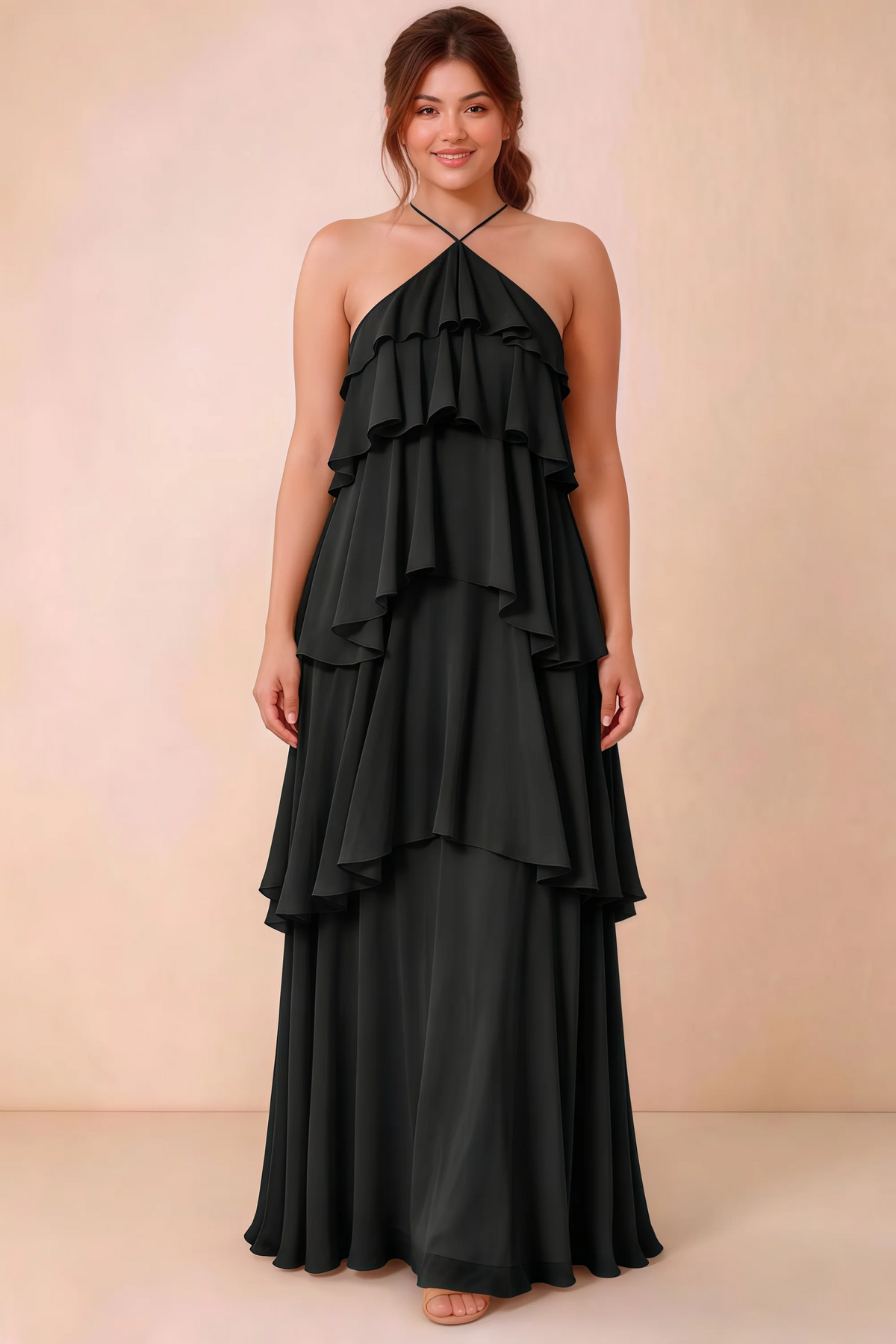 Front studio view of Audrey black halter maxi dress showing the relaxed chiffon tiers