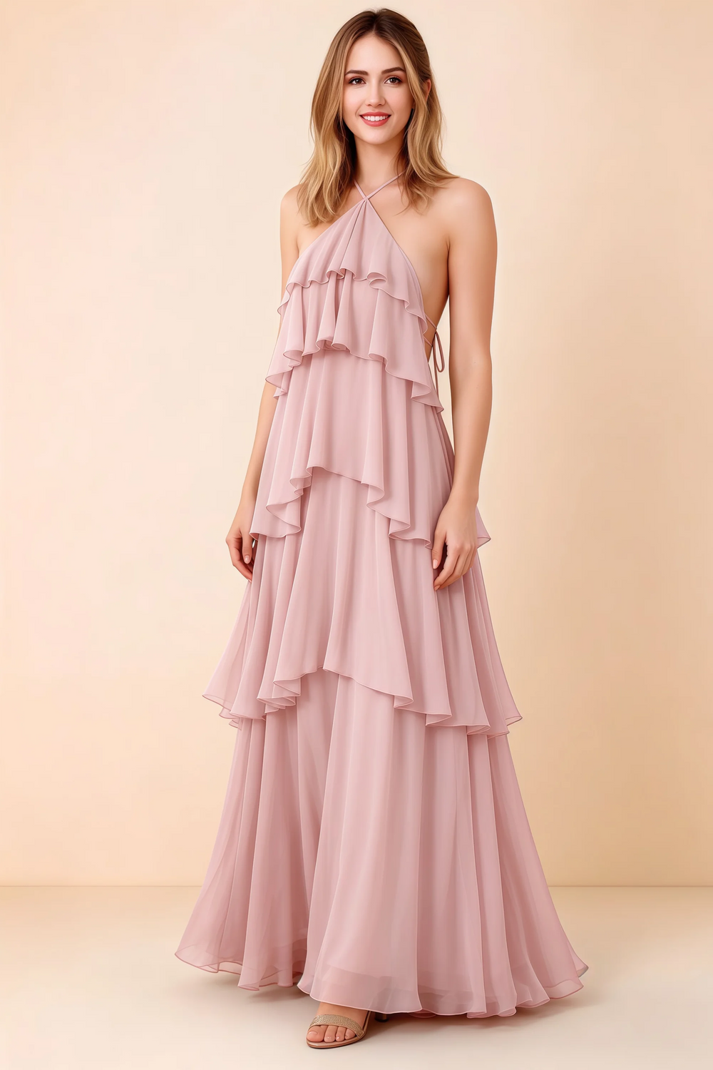 Translation missing: en.Front view of Audrey blush chiffon maxi dress with crossed halter straps and cascading tiered ruffles content.product_image_main