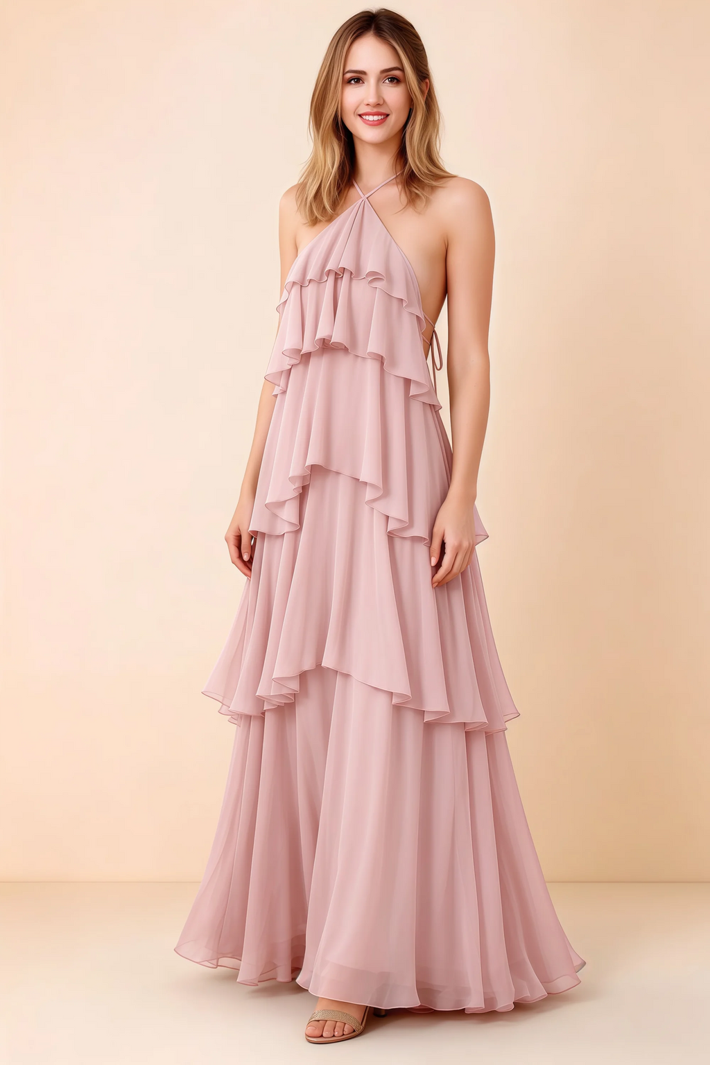 Front view of Audrey blush chiffon maxi dress with crossed halter straps and cascading tiered ruffles