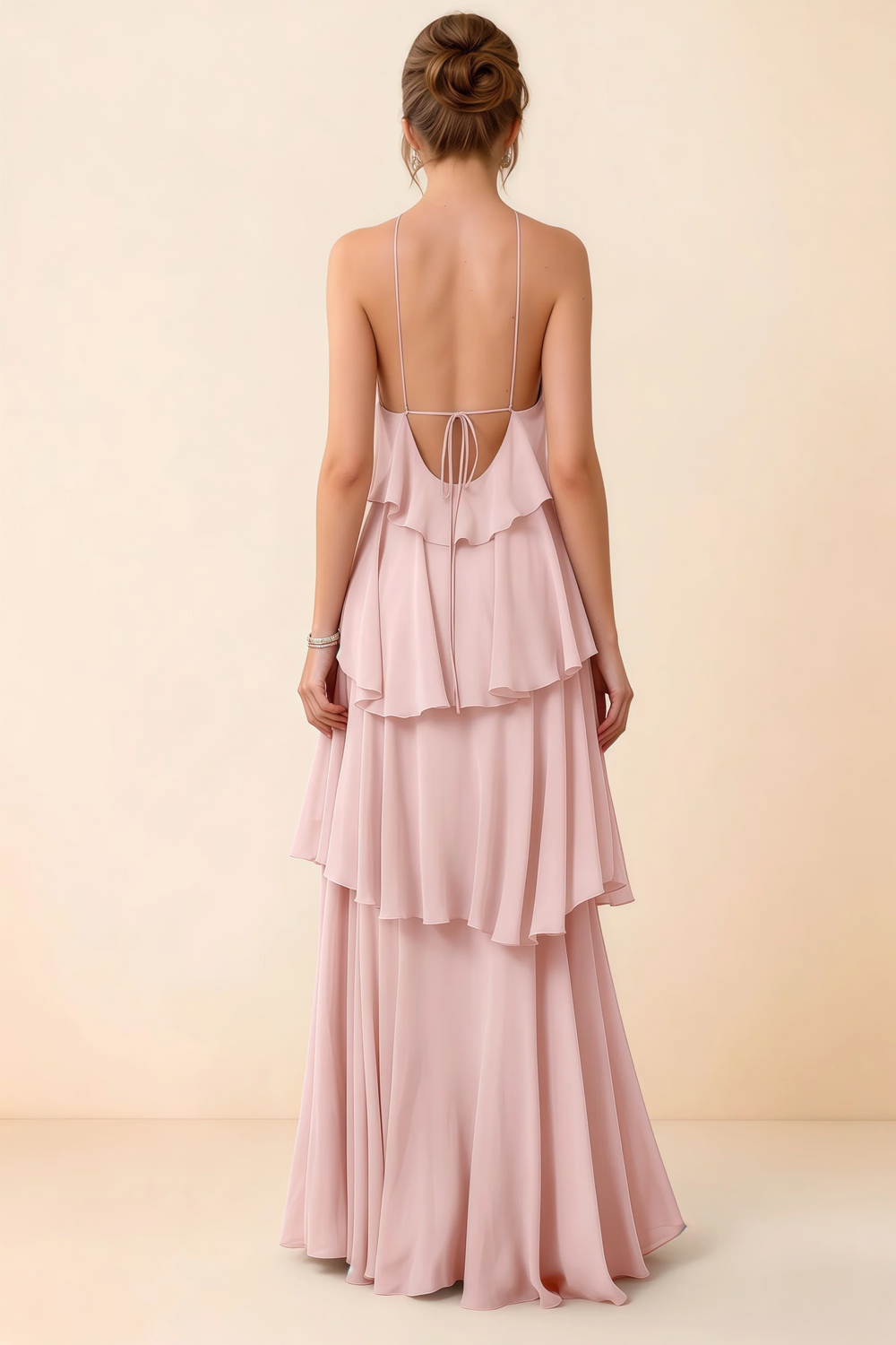 Translation missing: en.Back view of Audrey blush ruffle maxi dress showing a low open back and fine tie straps content.product_image_secondary