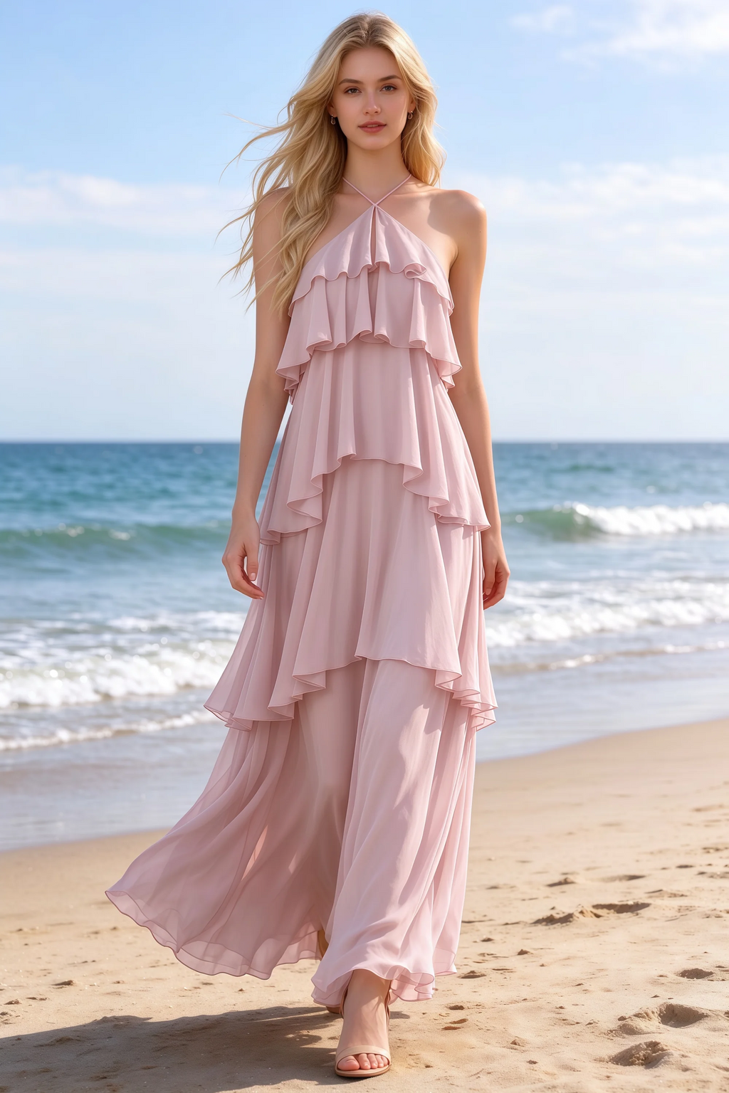 Audrey blush halter chiffon maxi dress shown from the front on a beach