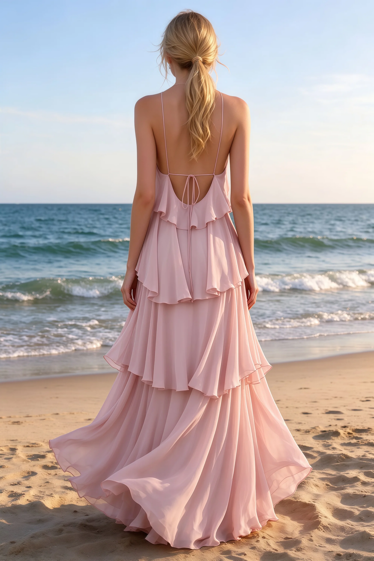 Rear beach view of Audrey blush tiered maxi dress with an open back and flowing hem
