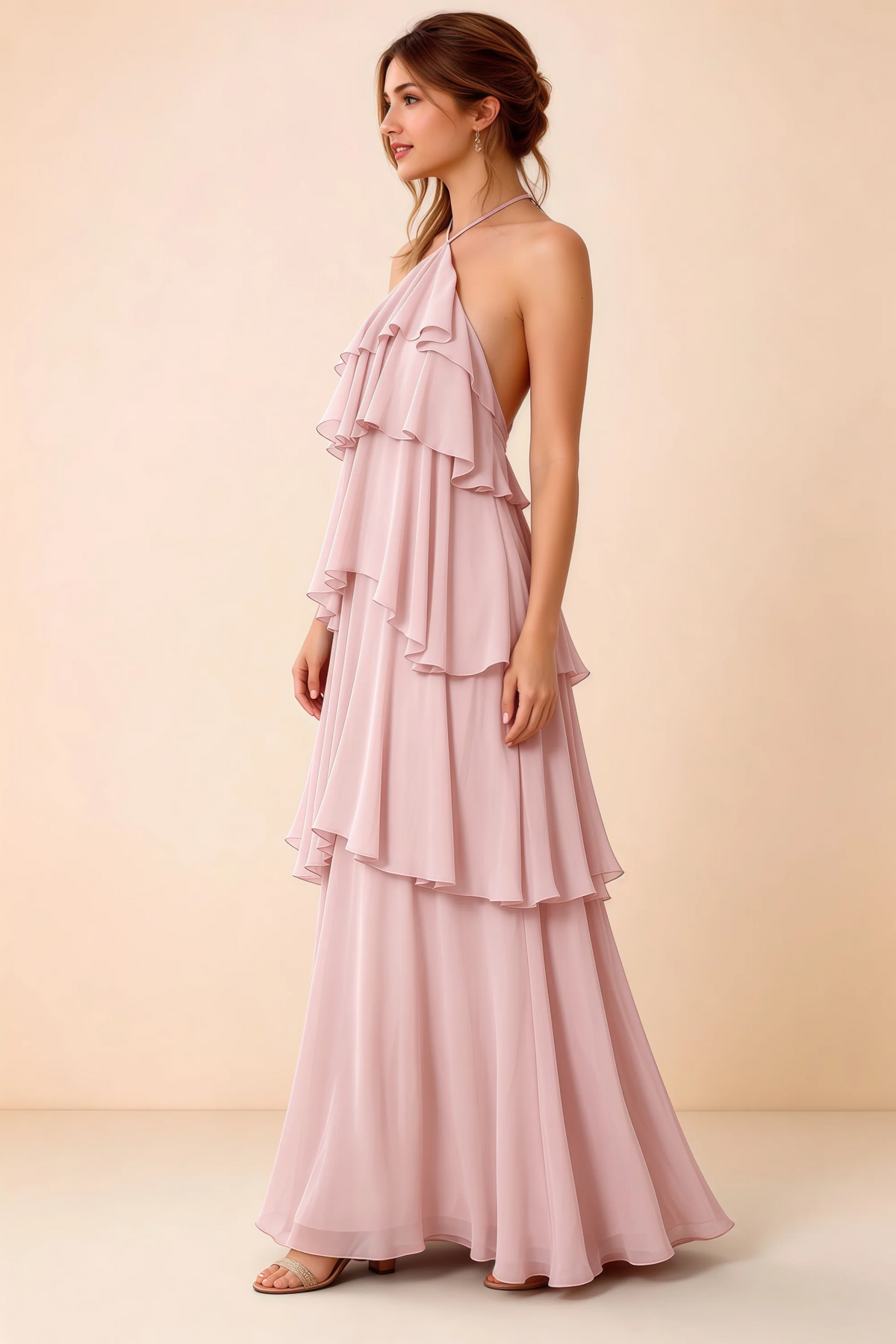 Side view of Audrey blush chiffon dress showing the relaxed shape and layered ruffles