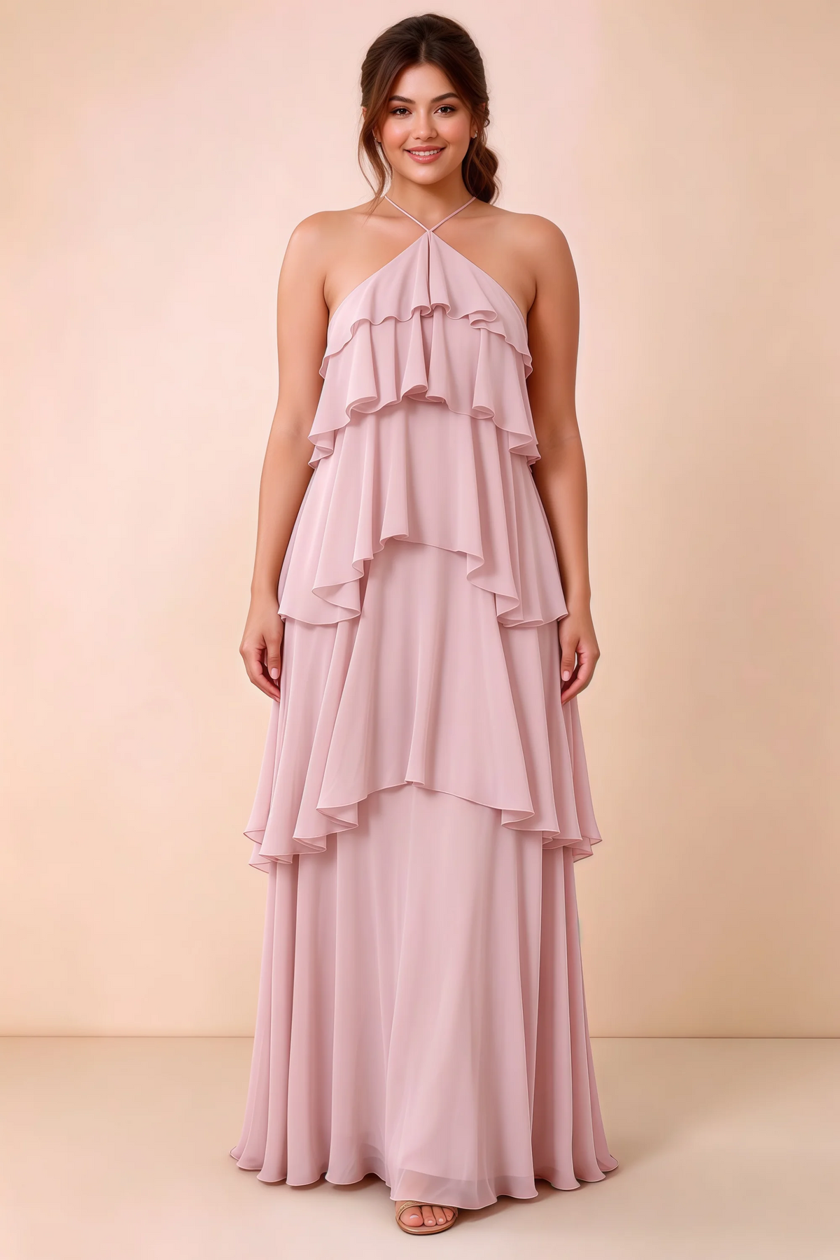 Front studio view of Audrey blush halter maxi dress showing the relaxed chiffon tiers