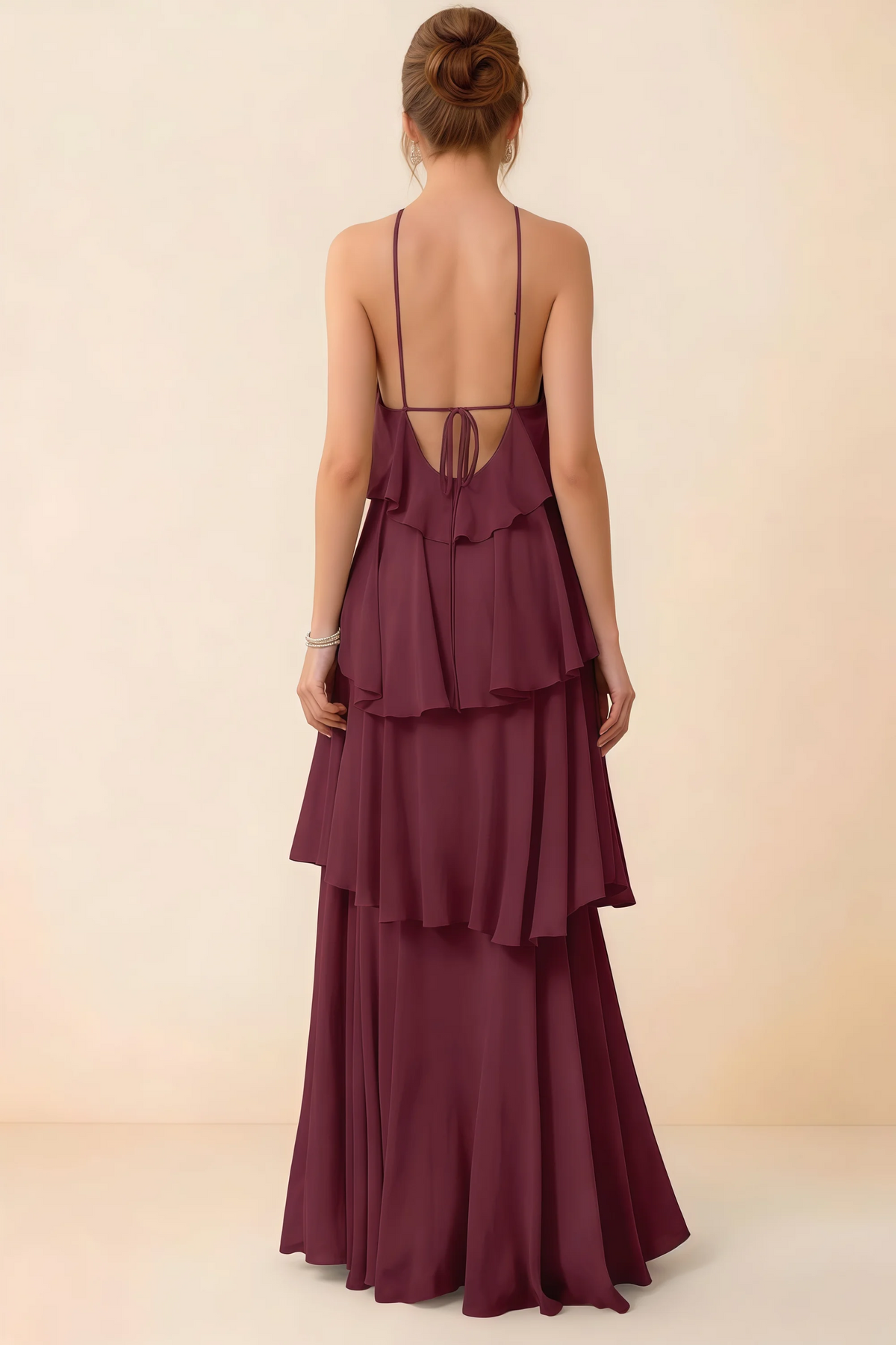 Back view of Audrey cabernet ruffle maxi dress showing a low open back and fine tie straps