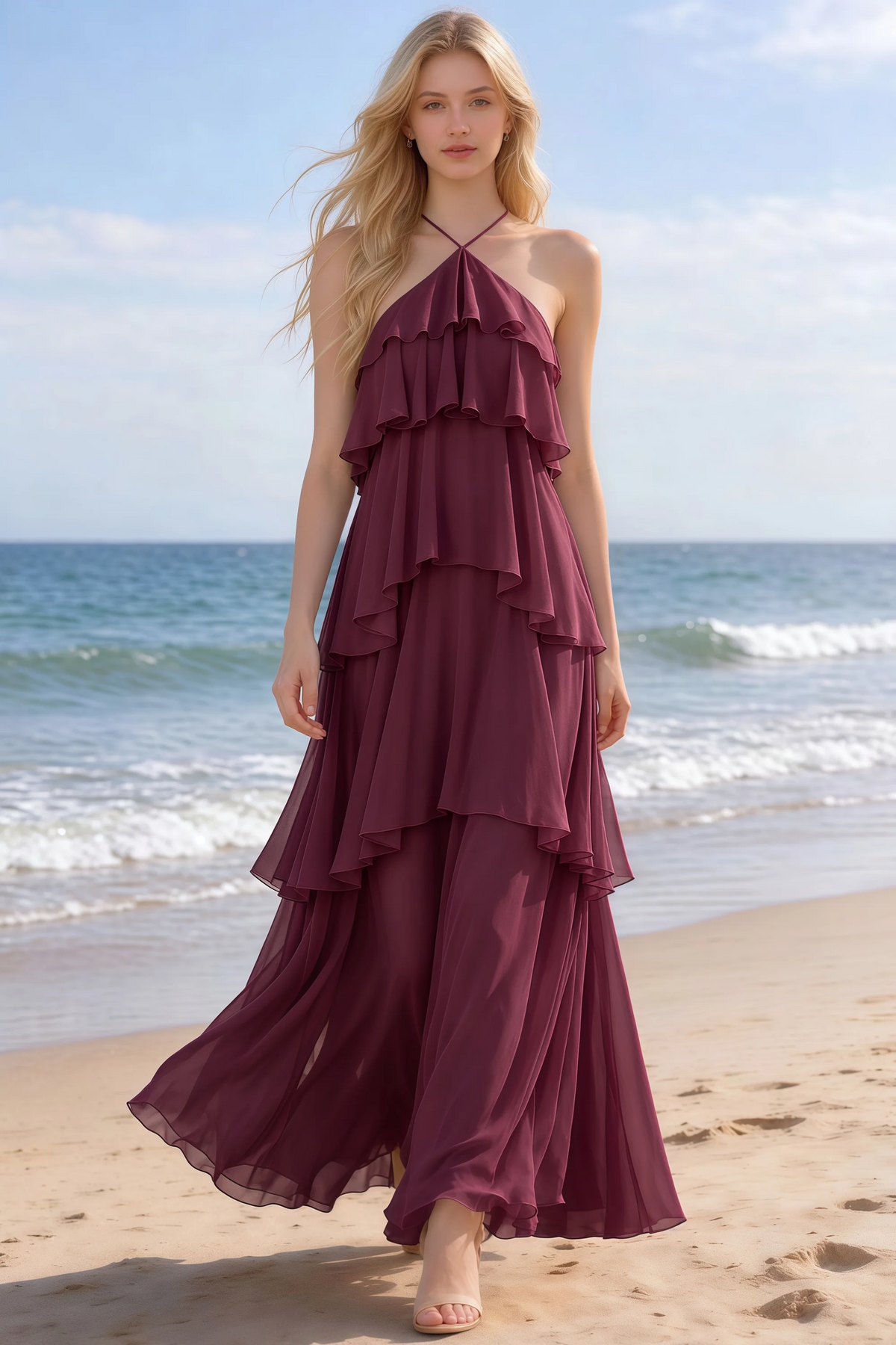 Audrey cabernet halter chiffon maxi dress shown from the front on a beach