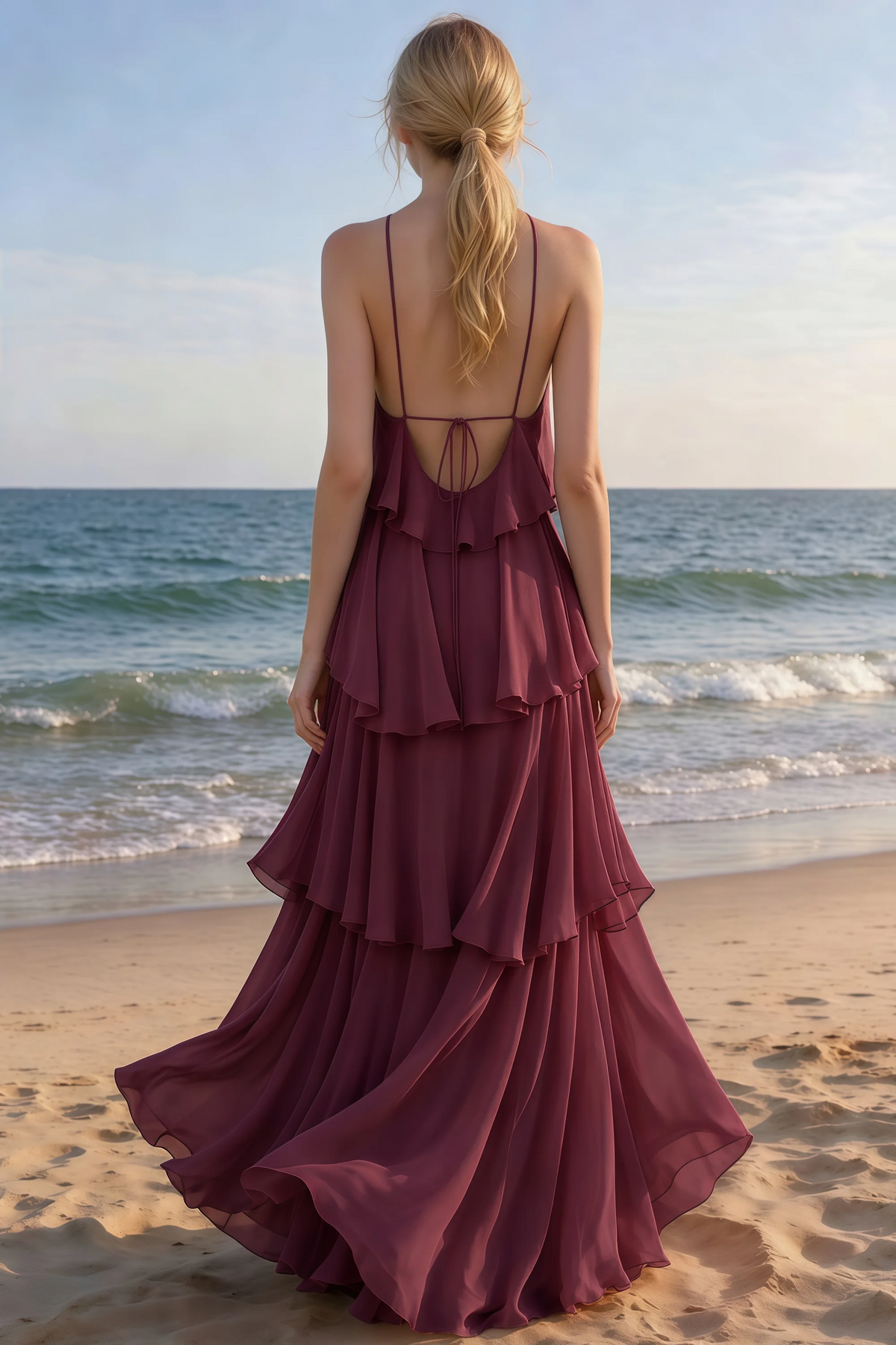 Rear beach view of Audrey cabernet tiered maxi dress with an open back and flowing hem